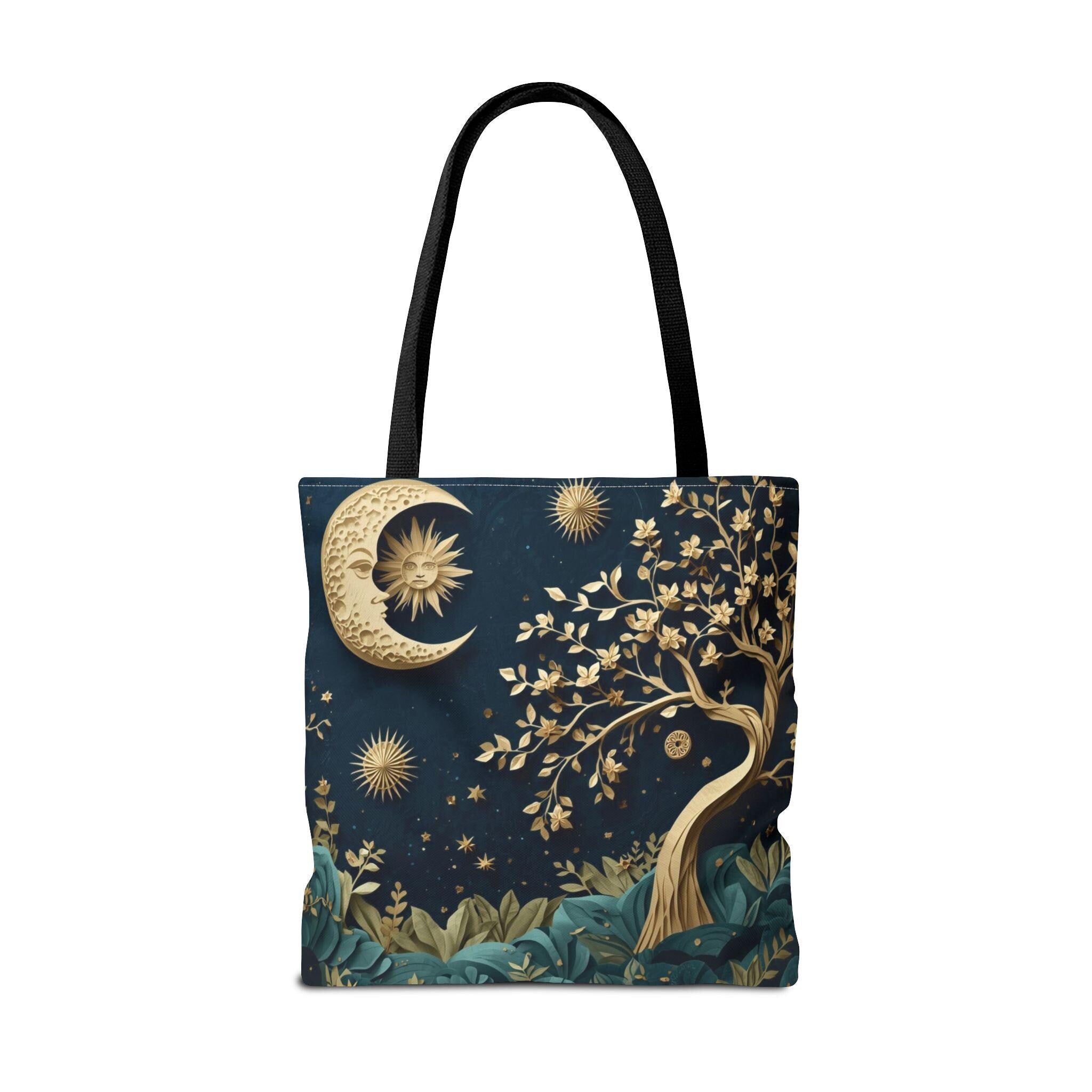 Celestial Moon Tree of Life Tote Bag | Mystical Night Sky Boho Witchy Bag | Gold Moon Stars Canvas Tote