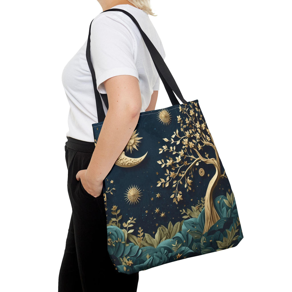 Celestial Moon Tree of Life Tote Bag | Mystical Night Sky Boho Witchy Bag | Gold Moon Stars Canvas Tote