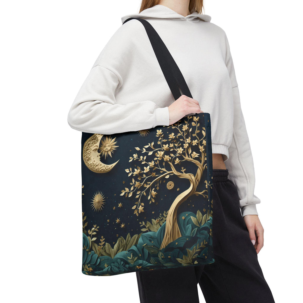 Celestial Moon Tree of Life Tote Bag | Mystical Night Sky Boho Witchy Bag | Gold Moon Stars Canvas Tote