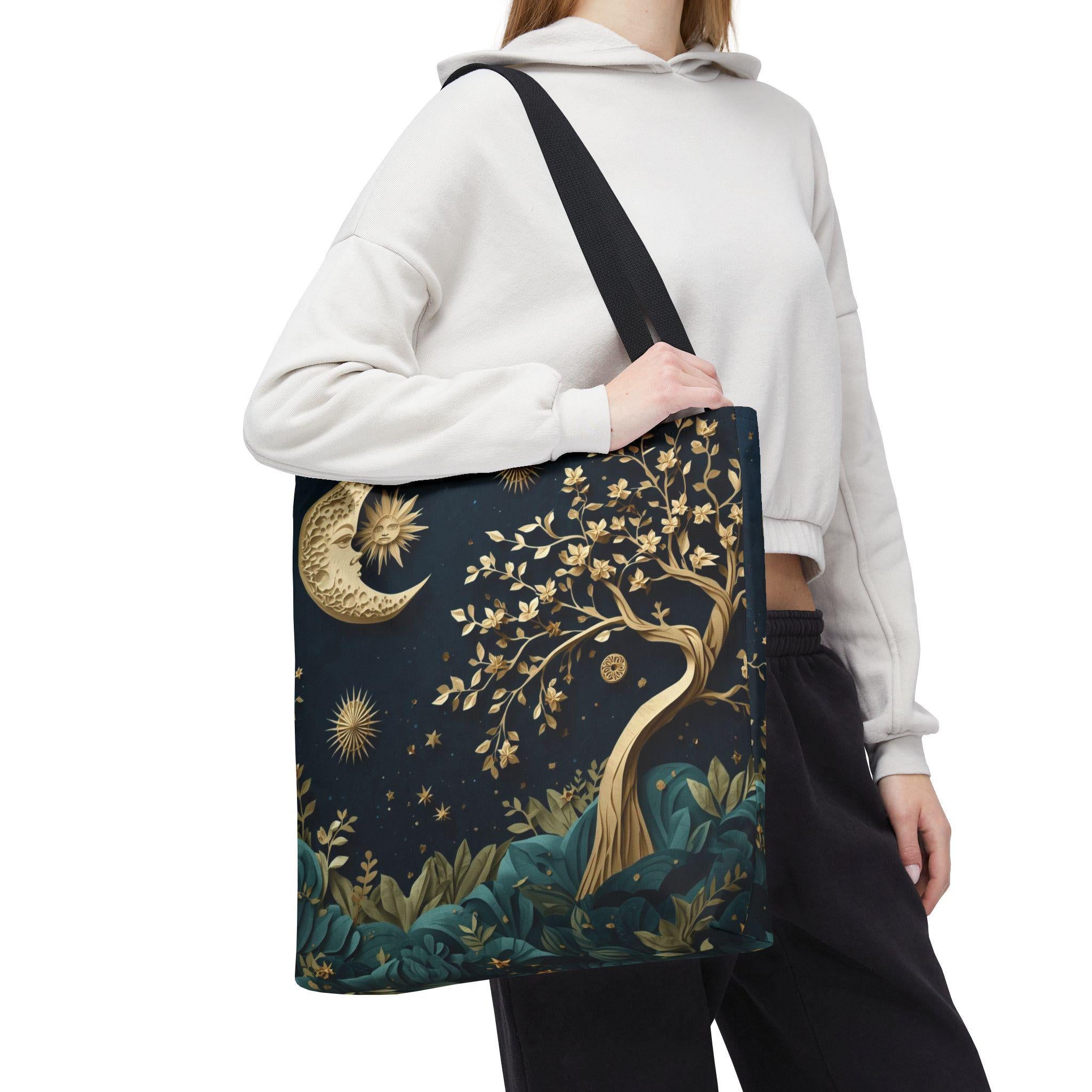 Celestial Moon Tree of Life Tote Bag | Mystical Night Sky Boho Witchy Bag | Gold Moon Stars Canvas Tote