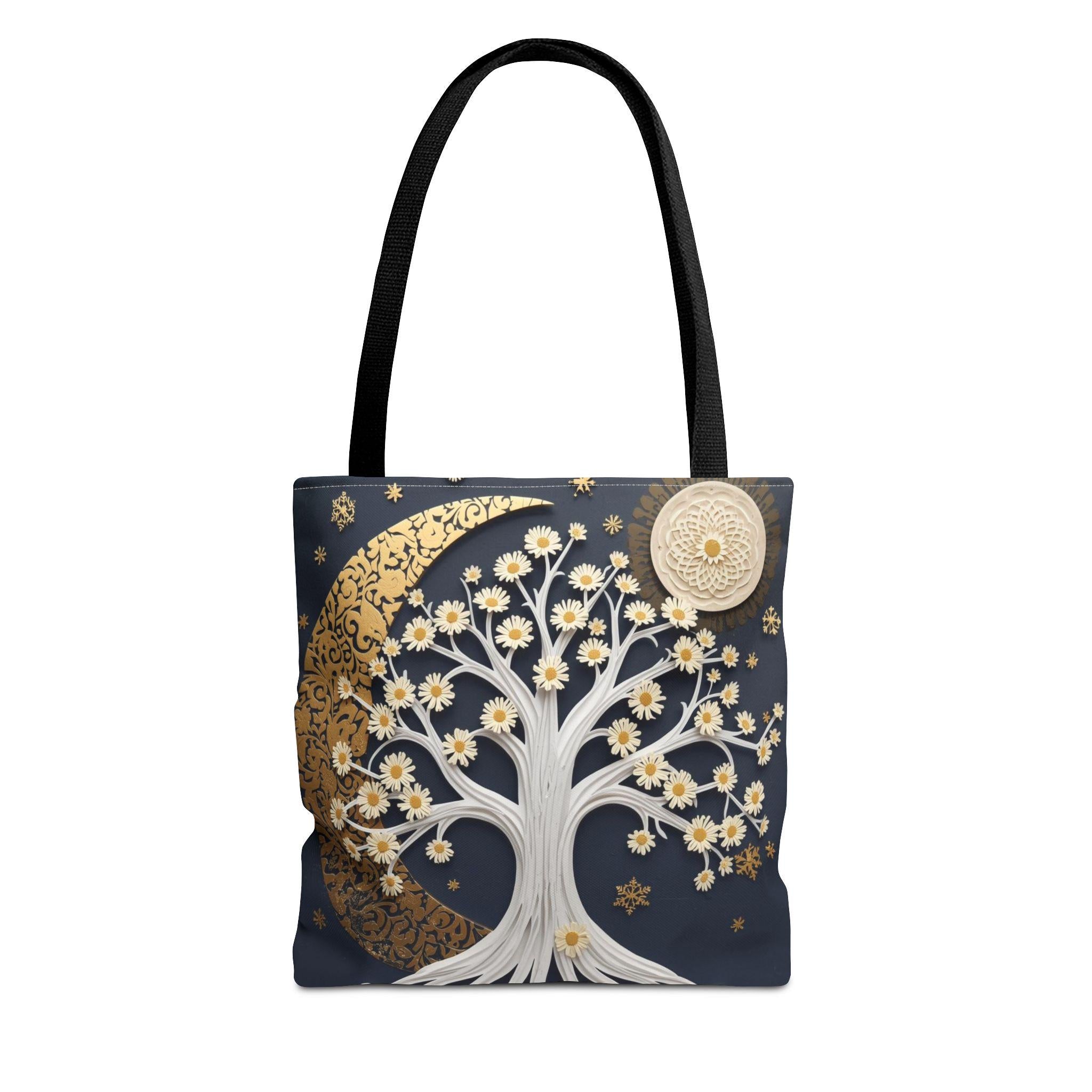 Celestial Moon Tree Tote Bag - Crescent Moon Floral Night Sky Boho Canvas Bag