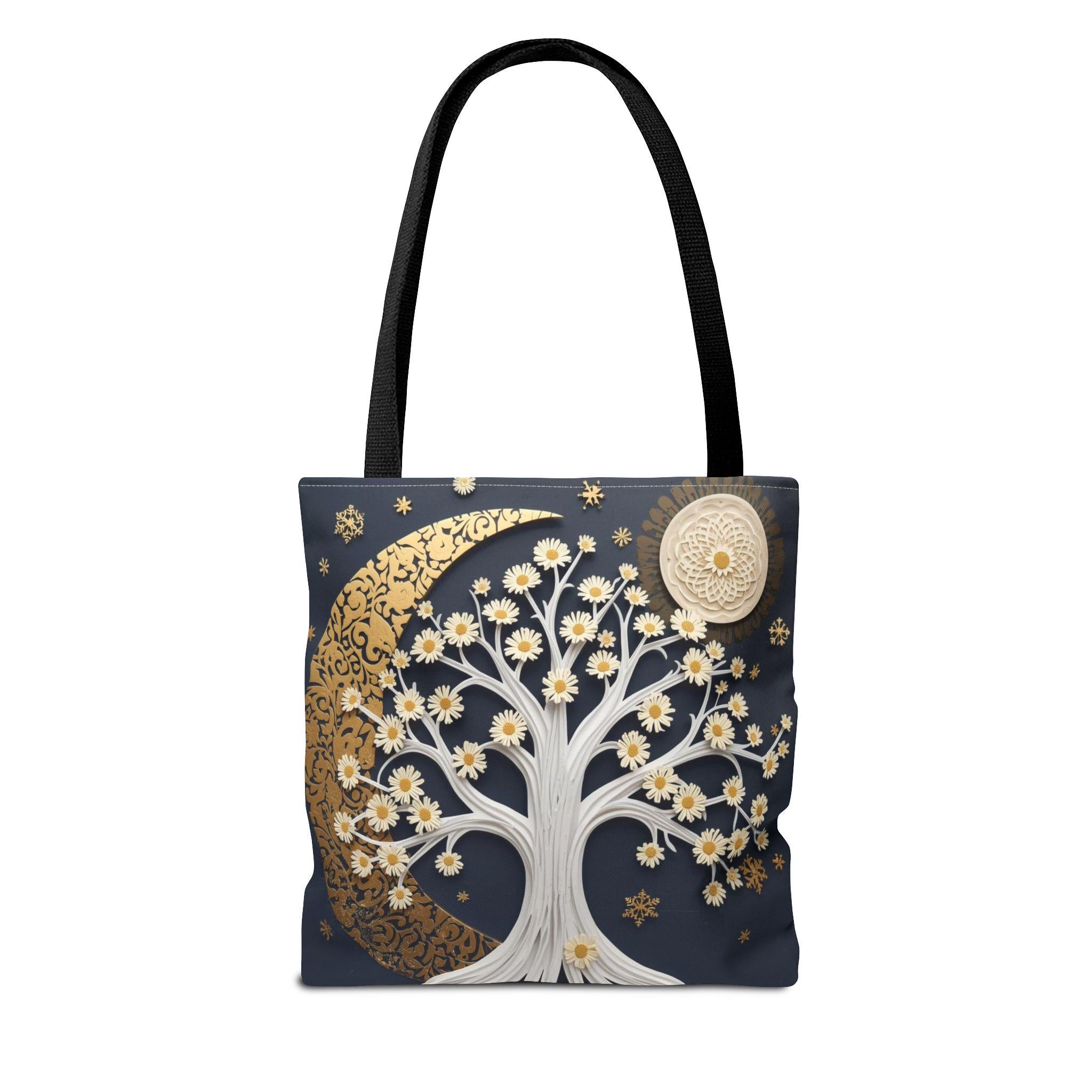 Celestial Moon Tree Tote Bag - Crescent Moon Floral Night Sky Boho Canvas Bag