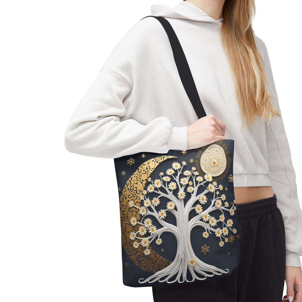 Celestial Moon Tree Tote Bag - Crescent Moon Floral Night Sky Boho Canvas Bag