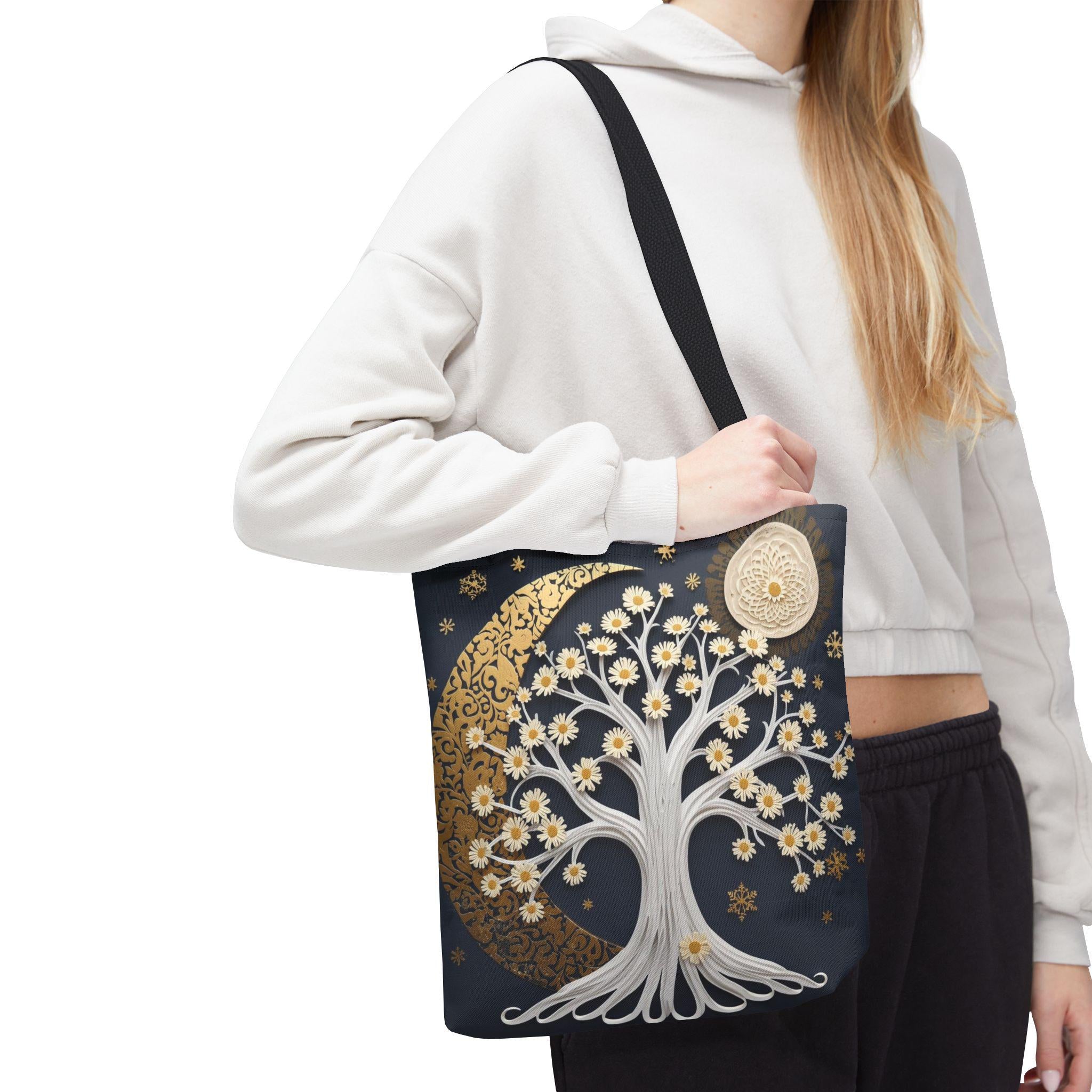 Celestial Moon Tree Tote Bag - Crescent Moon Floral Night Sky Boho Canvas Bag