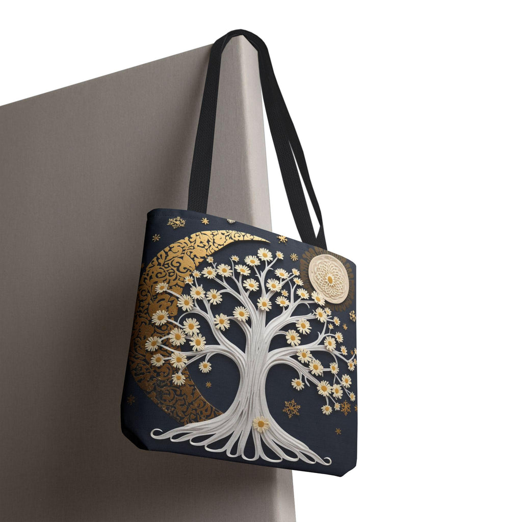 Celestial Moon Tree Tote Bag - Crescent Moon Floral Night Sky Boho Canvas Bag