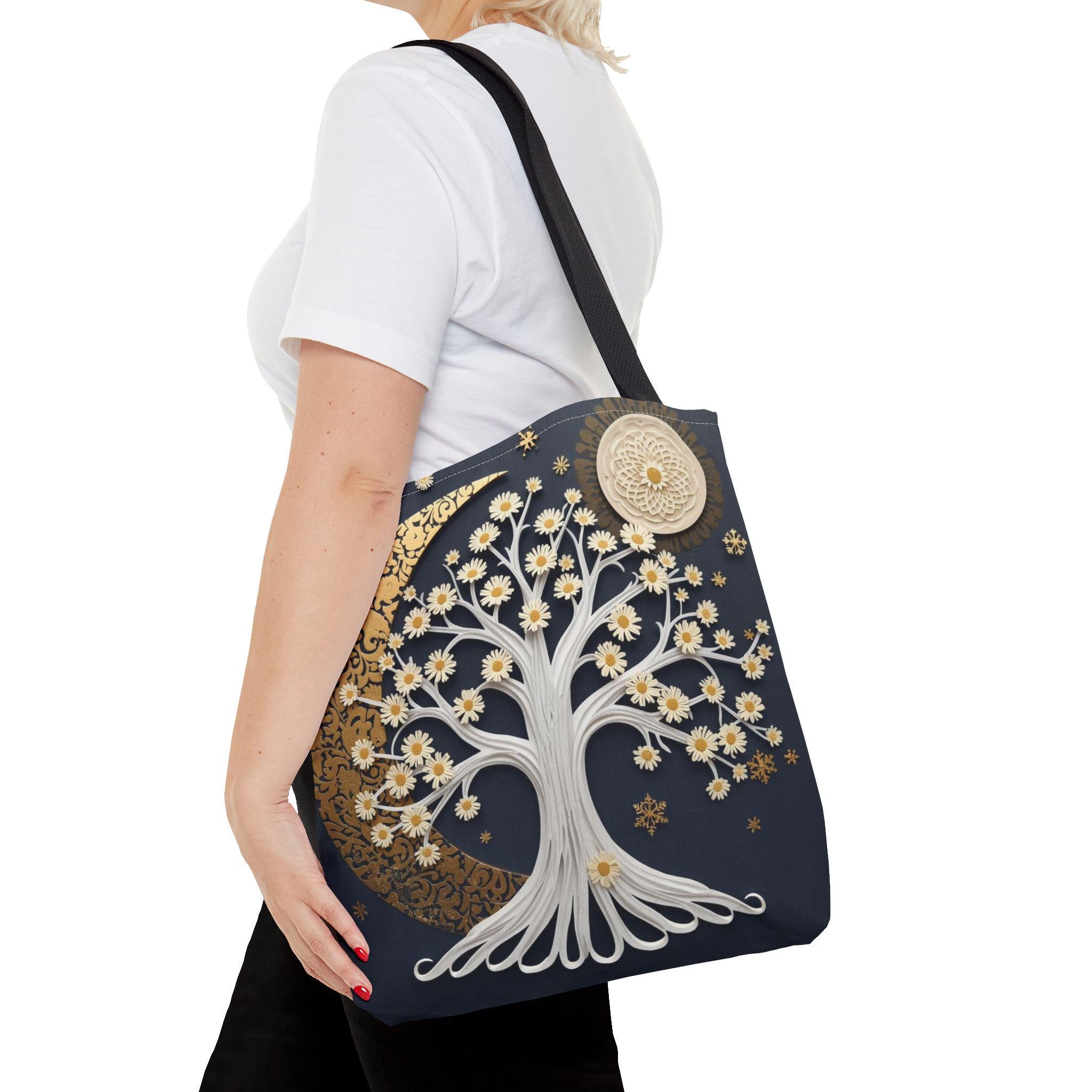Celestial Moon Tree Tote Bag - Crescent Moon Floral Night Sky Boho Canvas Bag