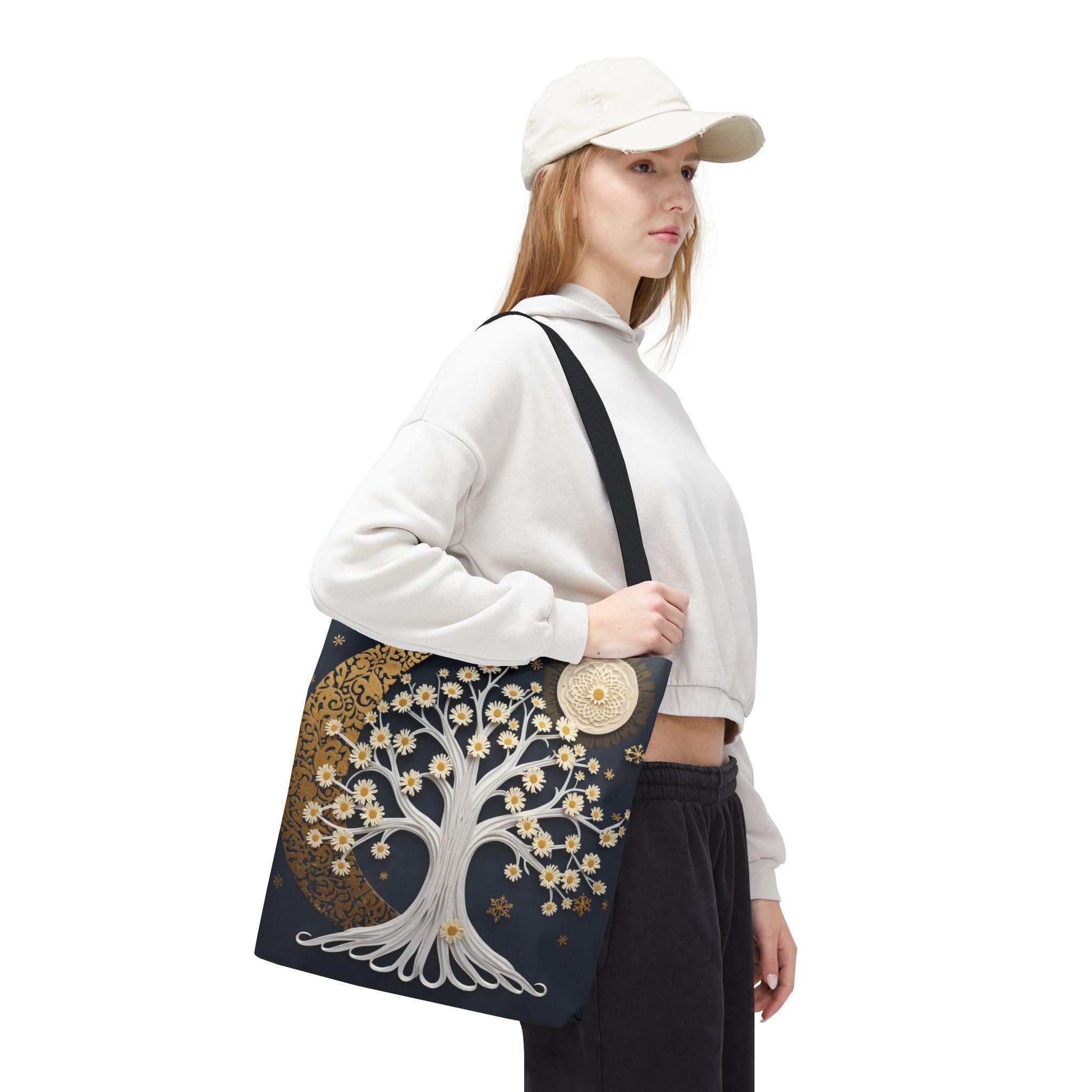 Celestial Moon Tree Tote Bag - Crescent Moon Floral Night Sky Boho Canvas Bag