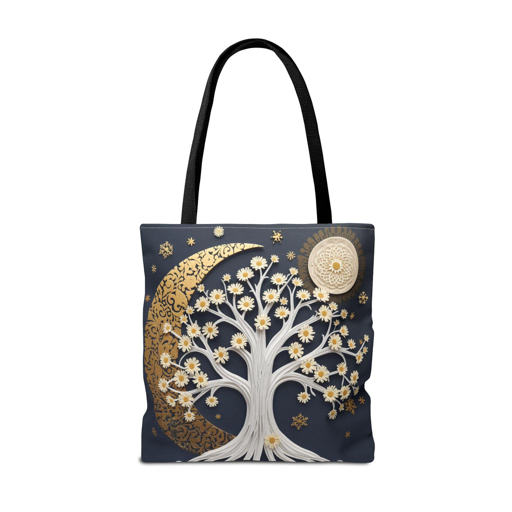 Celestial Moon Tree Tote Bag - Crescent Moon Floral Night Sky Boho Canvas Bag