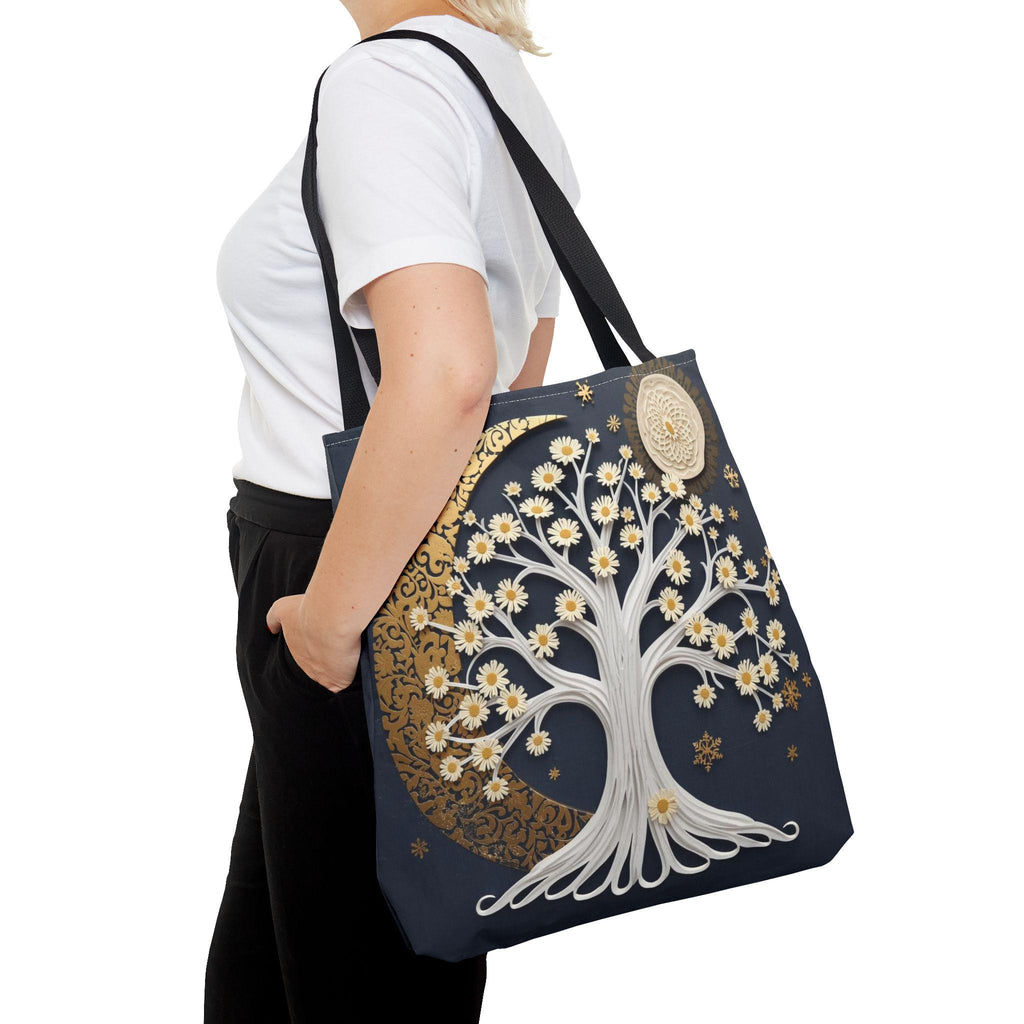 Celestial Moon Tree Tote Bag - Crescent Moon Floral Night Sky Boho Canvas Bag