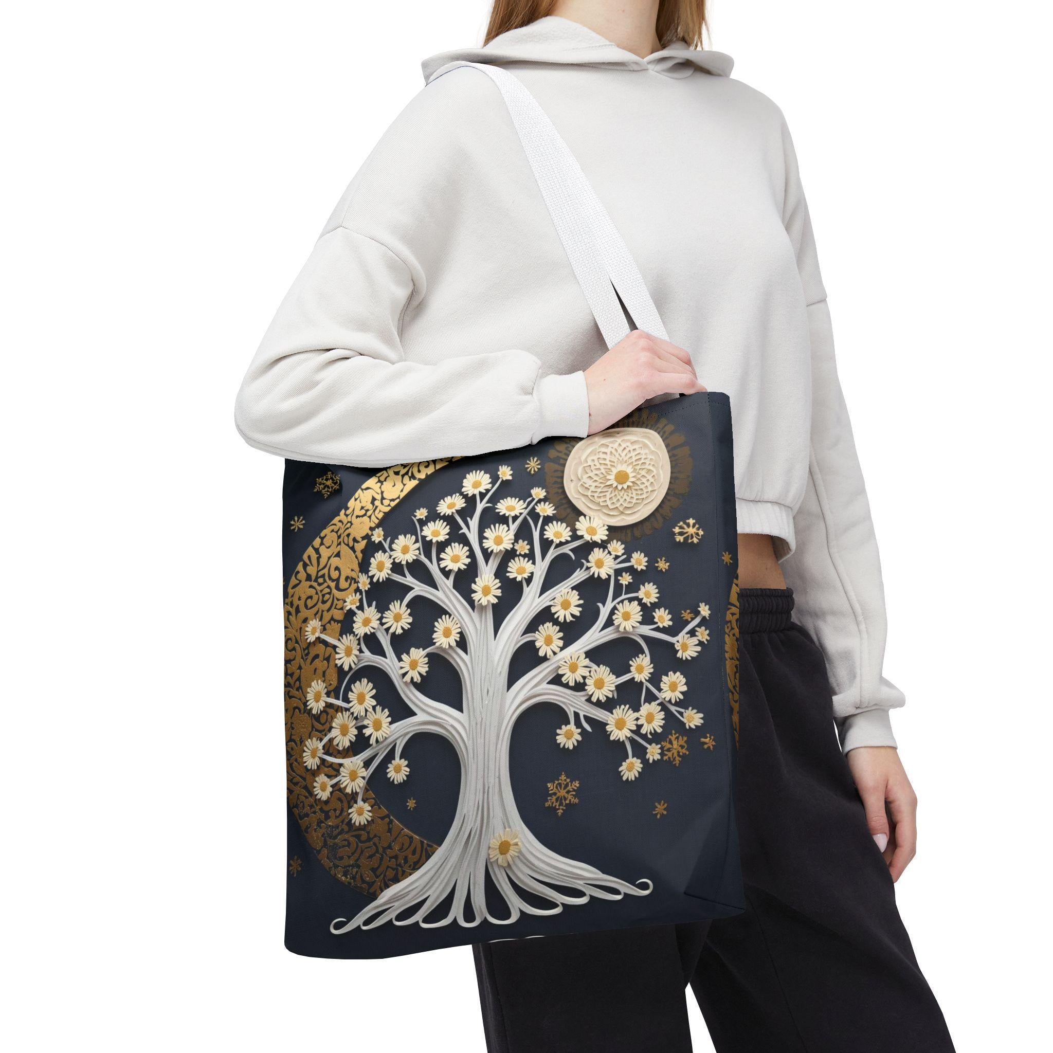 Celestial Moon Tree Tote Bag - Crescent Moon Floral Night Sky Boho Canvas Bag