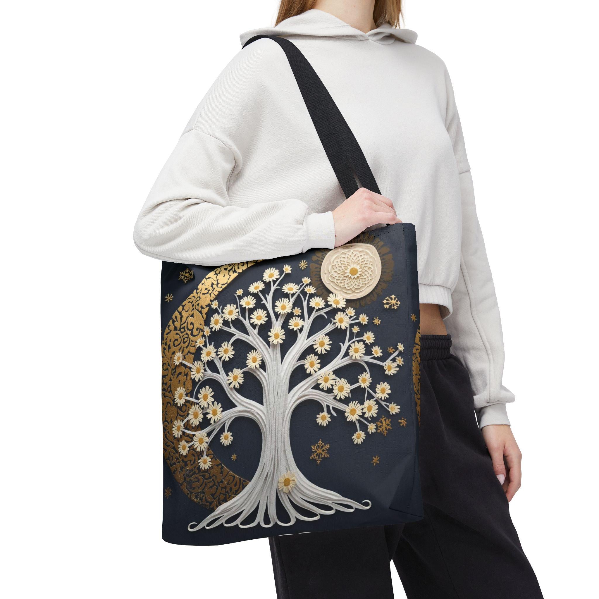 Celestial Moon Tree Tote Bag - Crescent Moon Floral Night Sky Boho Canvas Bag