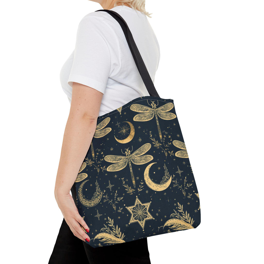 Gold Dragonfly Crescent Moon Tote Bag | Celestial Night Pattern