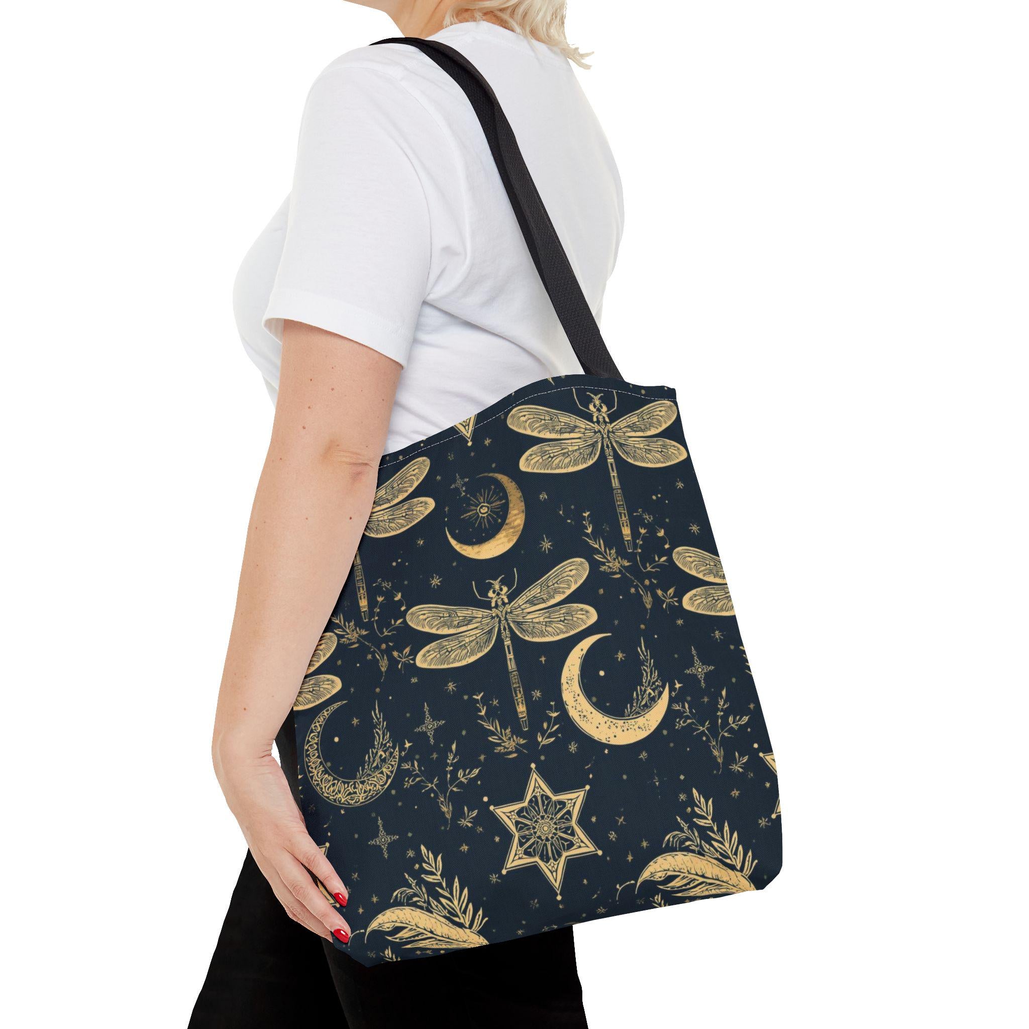 Gold Dragonfly Crescent Moon Tote Bag | Celestial Night Pattern