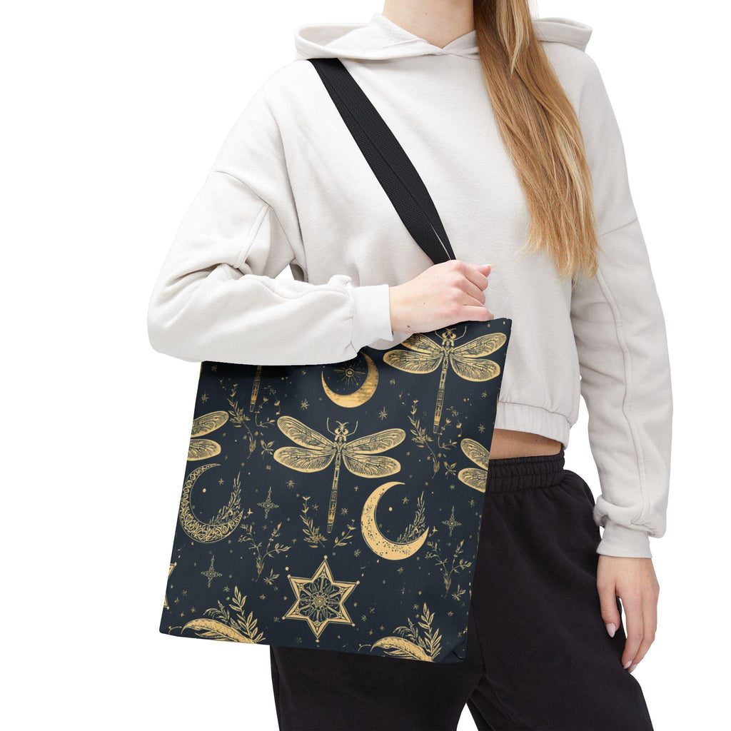 Gold Dragonfly Crescent Moon Tote Bag | Celestial Night Pattern
