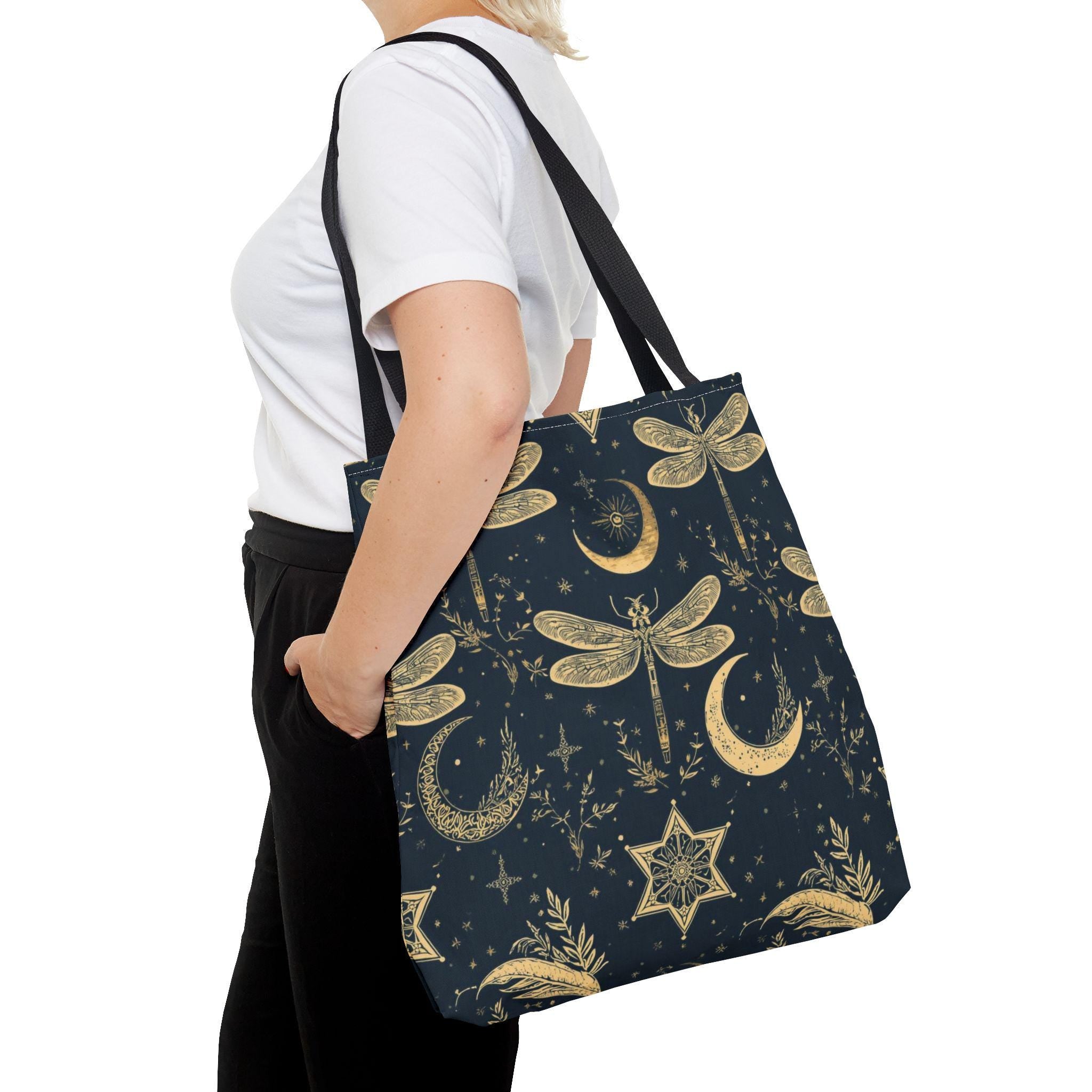 Gold Dragonfly Crescent Moon Tote Bag | Celestial Night Pattern