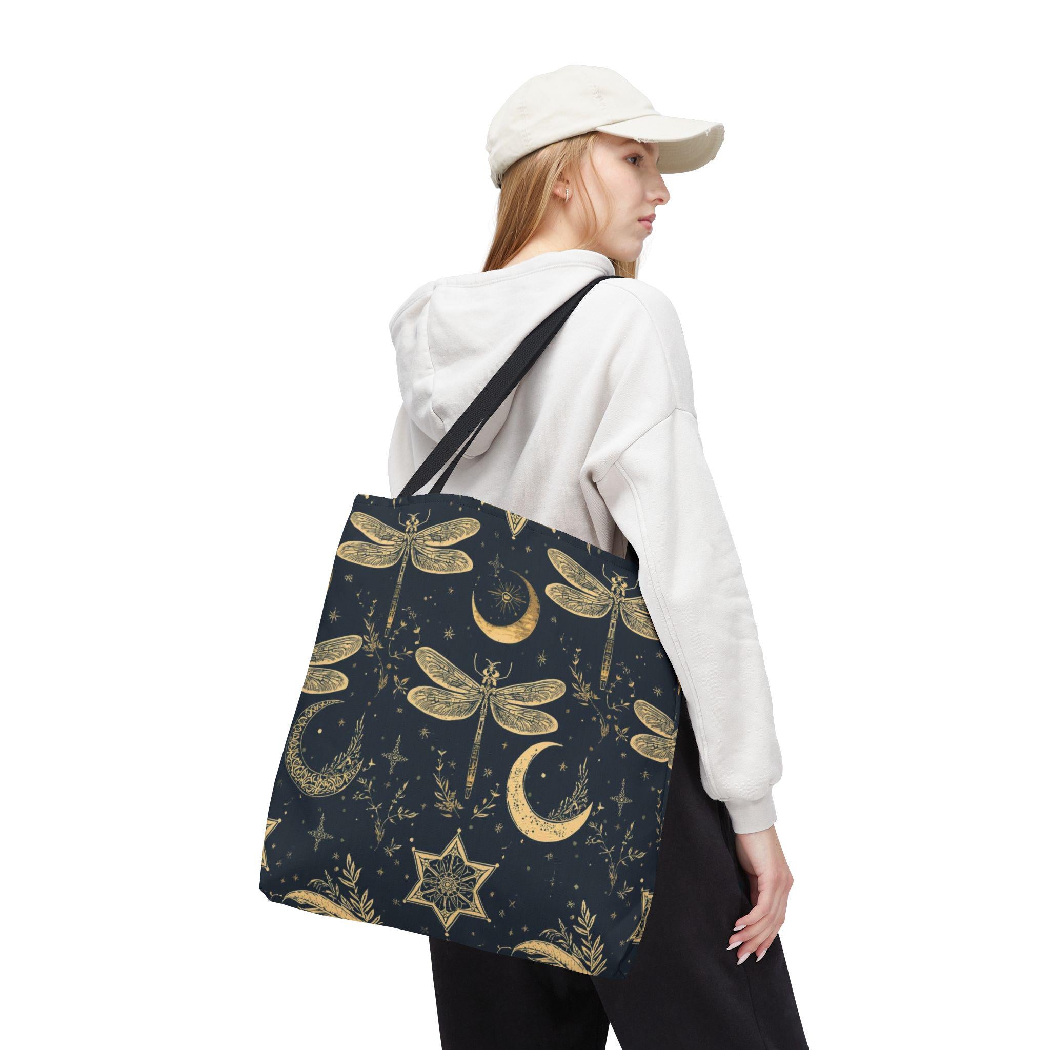 Gold Dragonfly Crescent Moon Tote Bag | Celestial Night Pattern