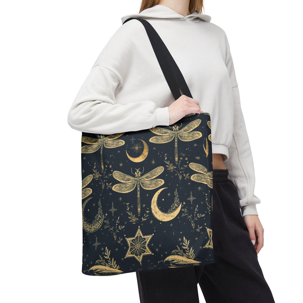 Gold Dragonfly Crescent Moon Tote Bag | Celestial Night Pattern