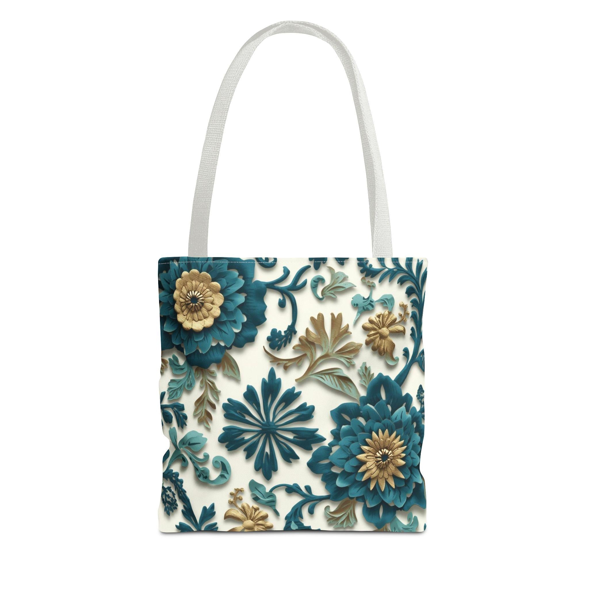 Teal Floral Damask Tote Bag - Botanical Art Nouveau Cottagecore Canvas Bag