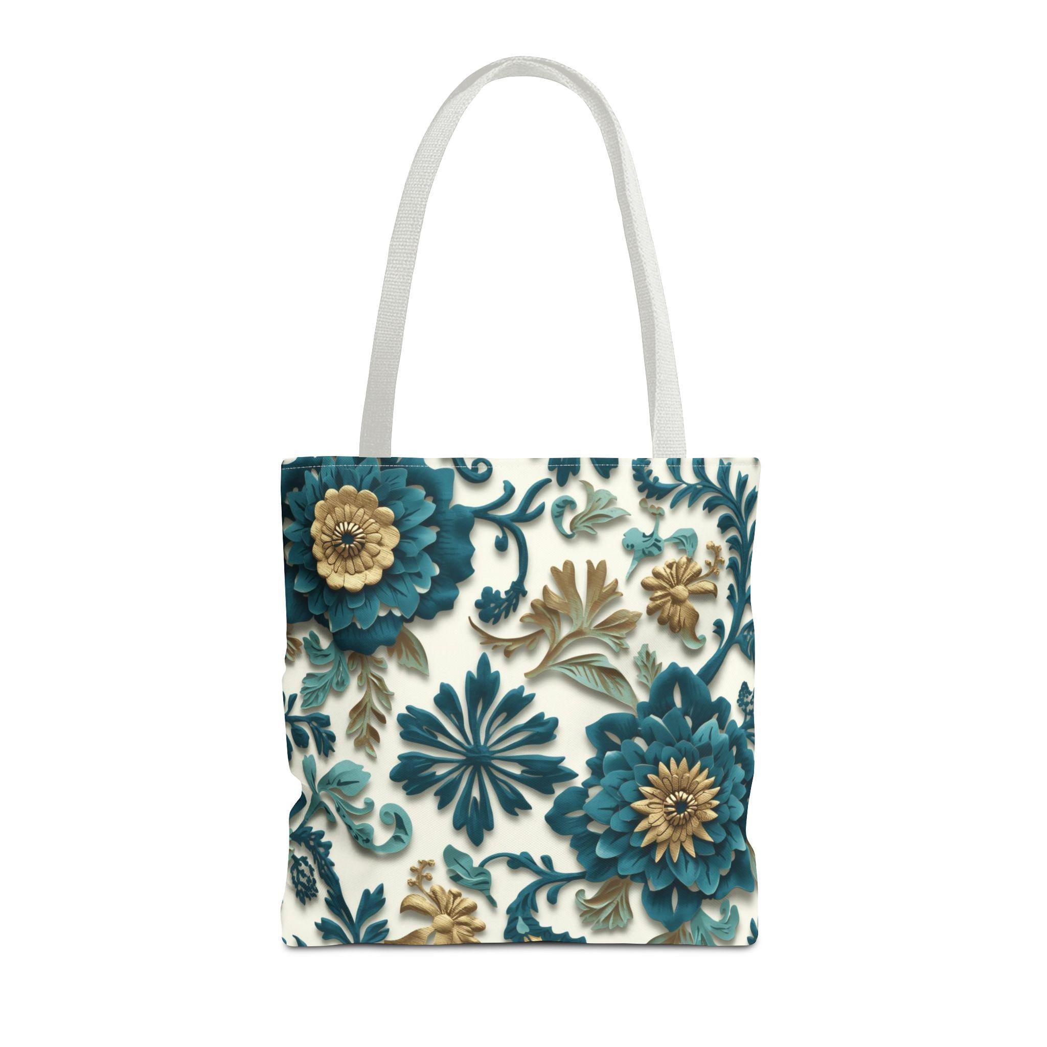 Teal Floral Damask Tote Bag - Botanical Art Nouveau Cottagecore Canvas Bag