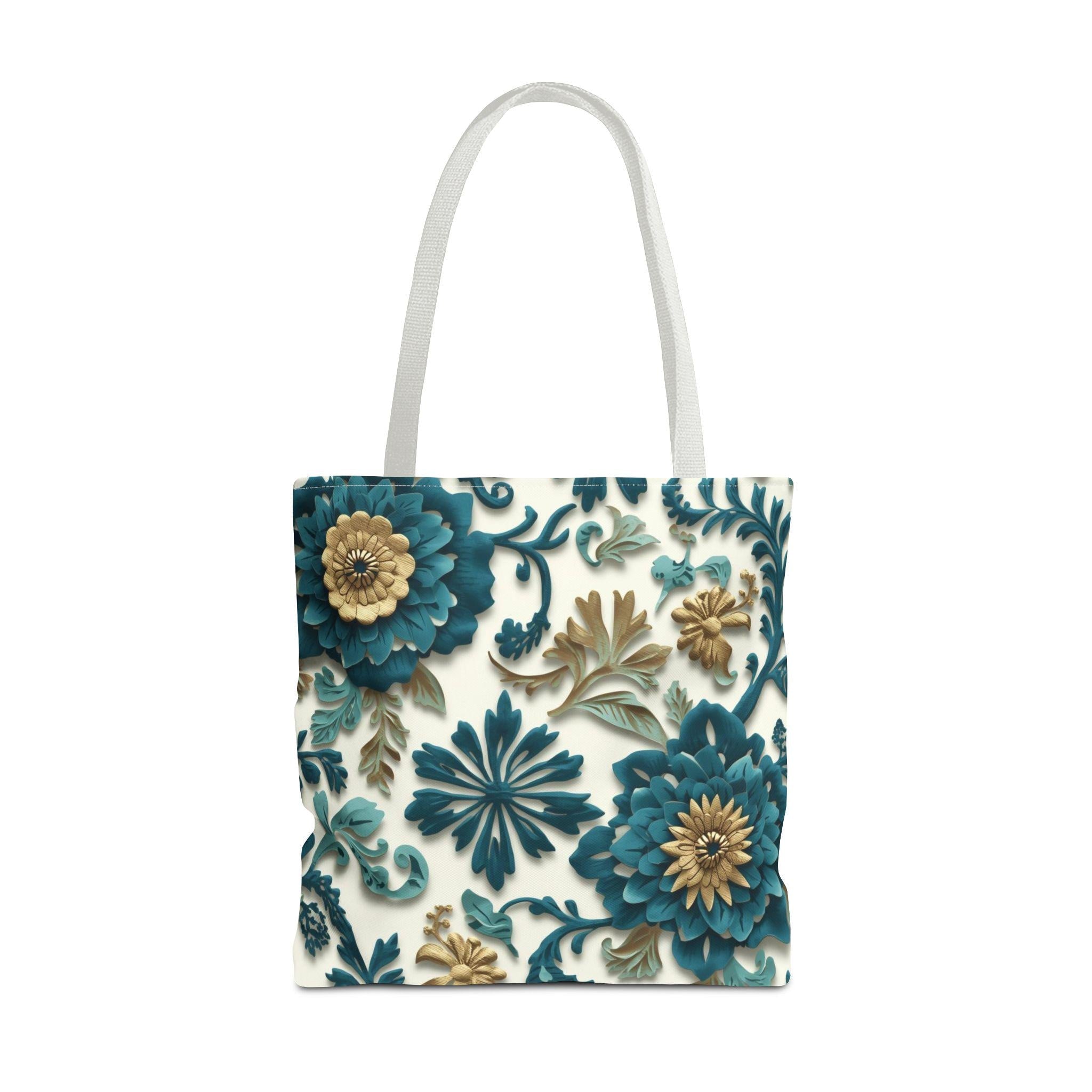 Teal Floral Damask Tote Bag - Botanical Art Nouveau Cottagecore Canvas Bag