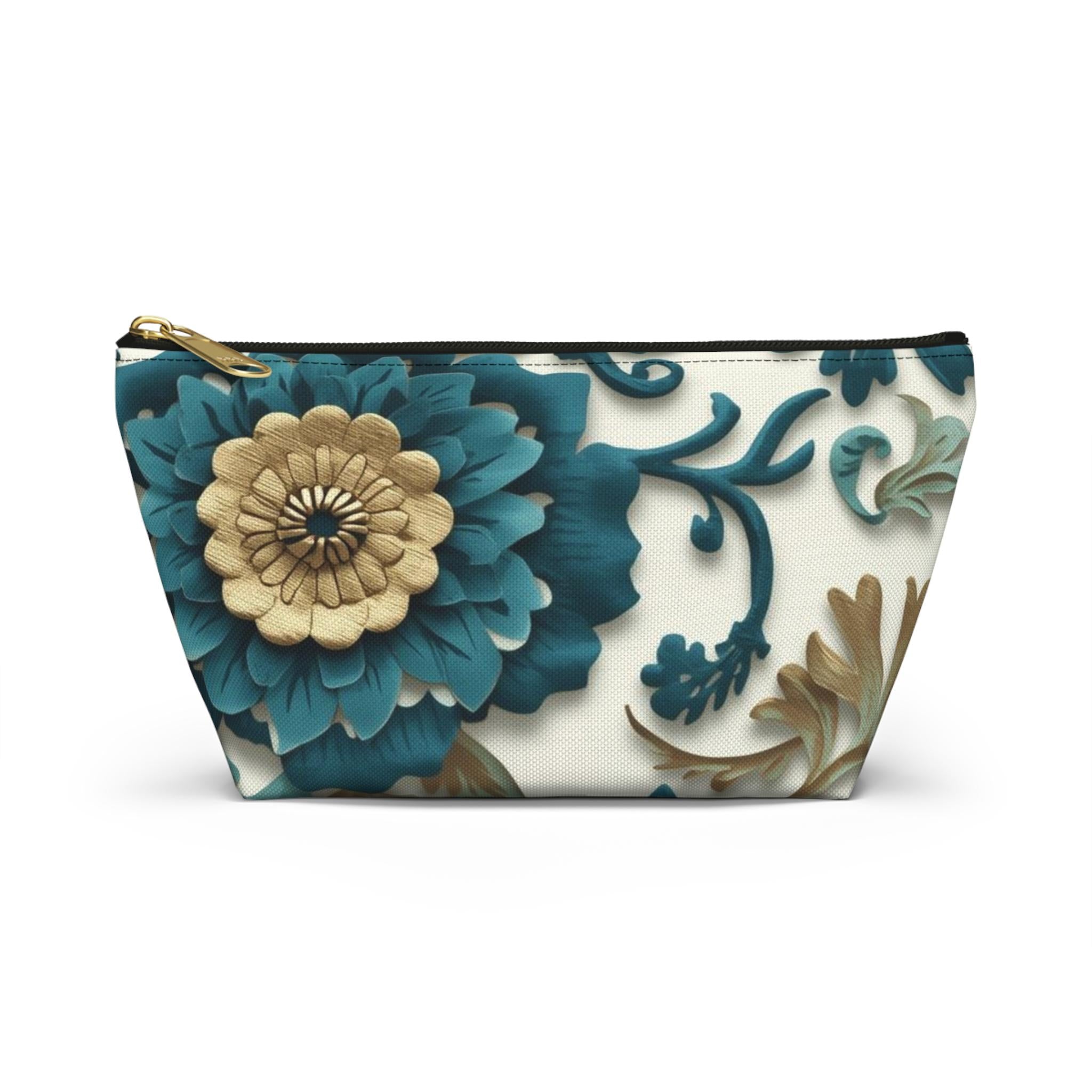 Teal Floral Damask Accessory Pouch - Botanical Art Nouveau Cosmetic Bag