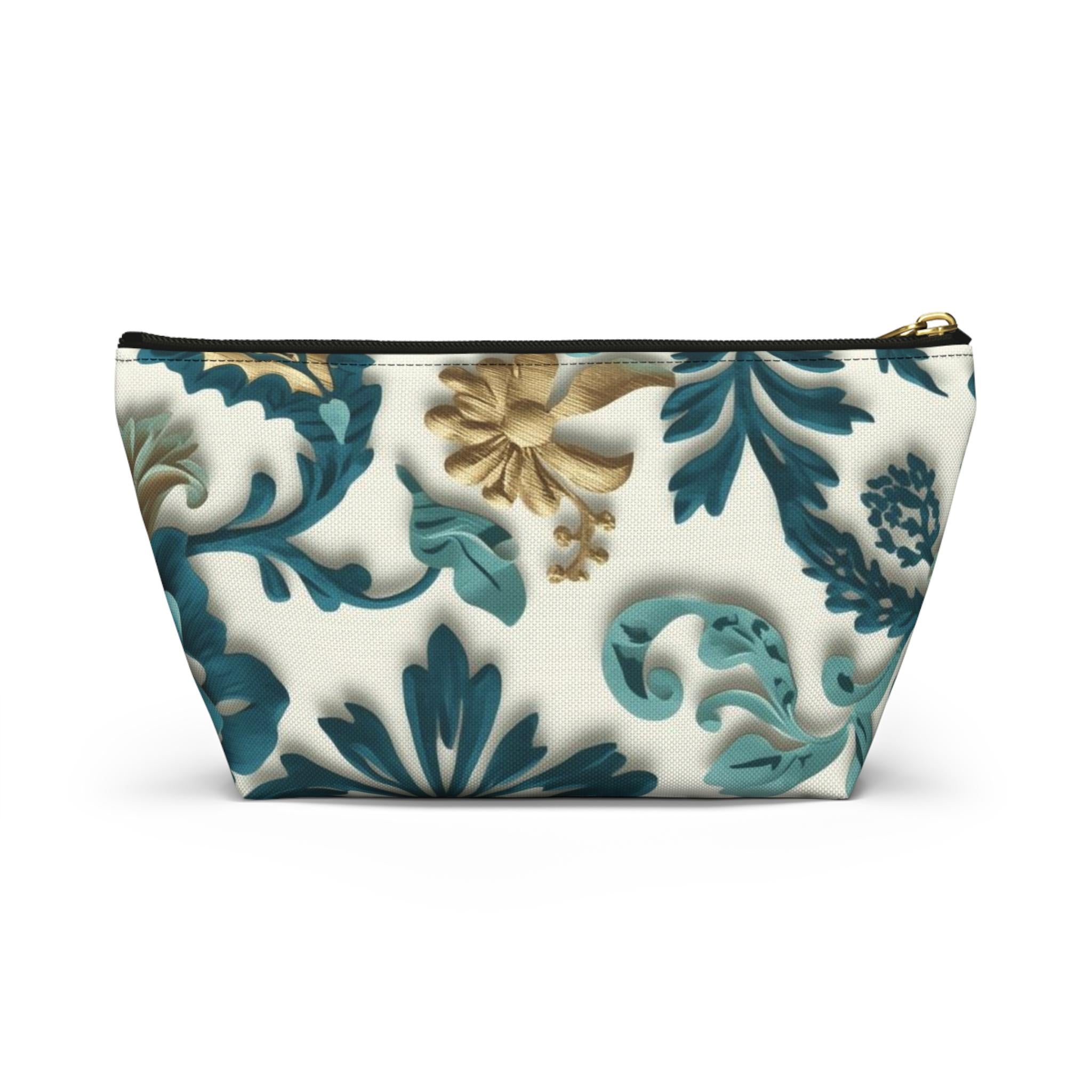 Teal Floral Damask Accessory Pouch - Botanical Art Nouveau Cosmetic Bag