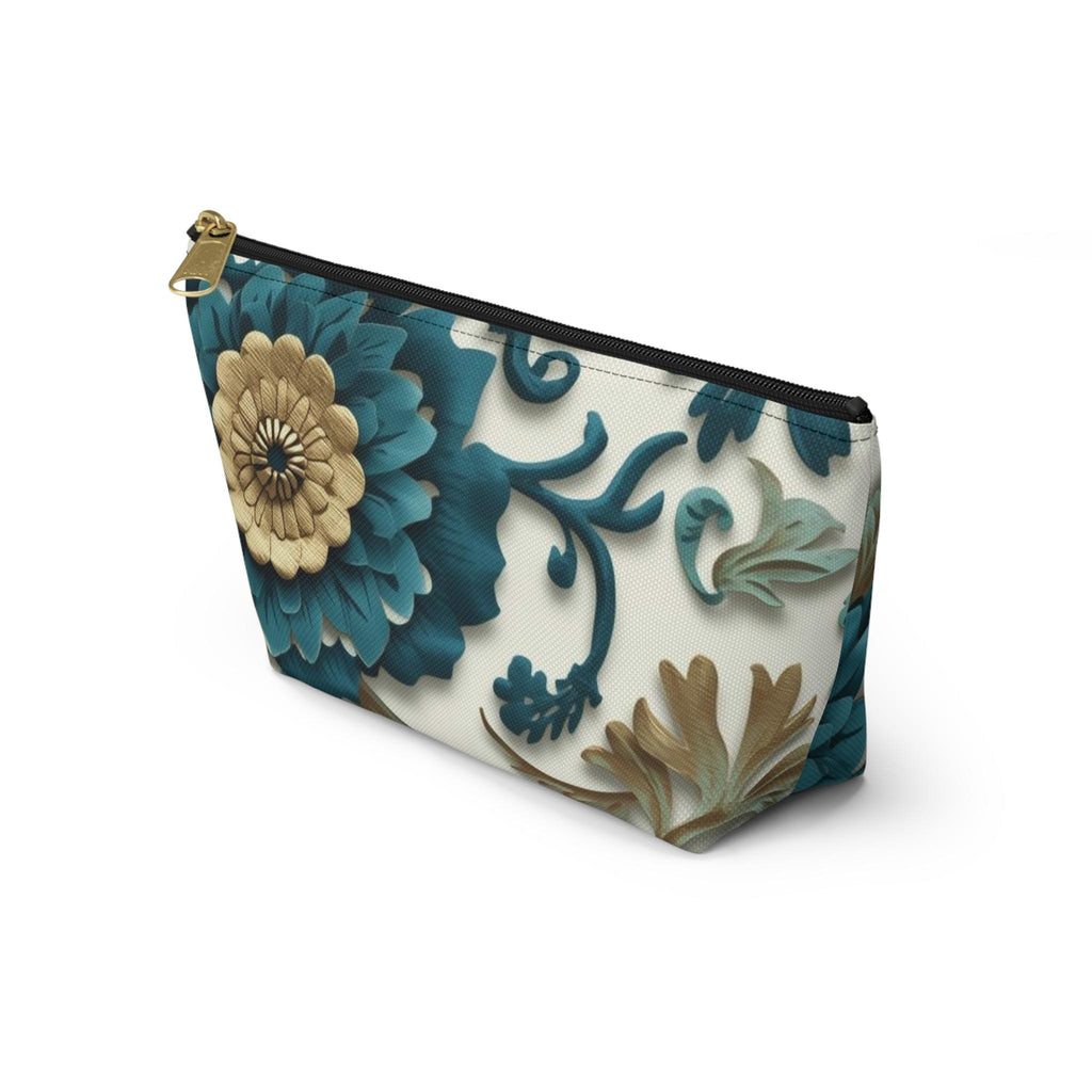 Teal Floral Damask Accessory Pouch - Botanical Art Nouveau Cosmetic Bag