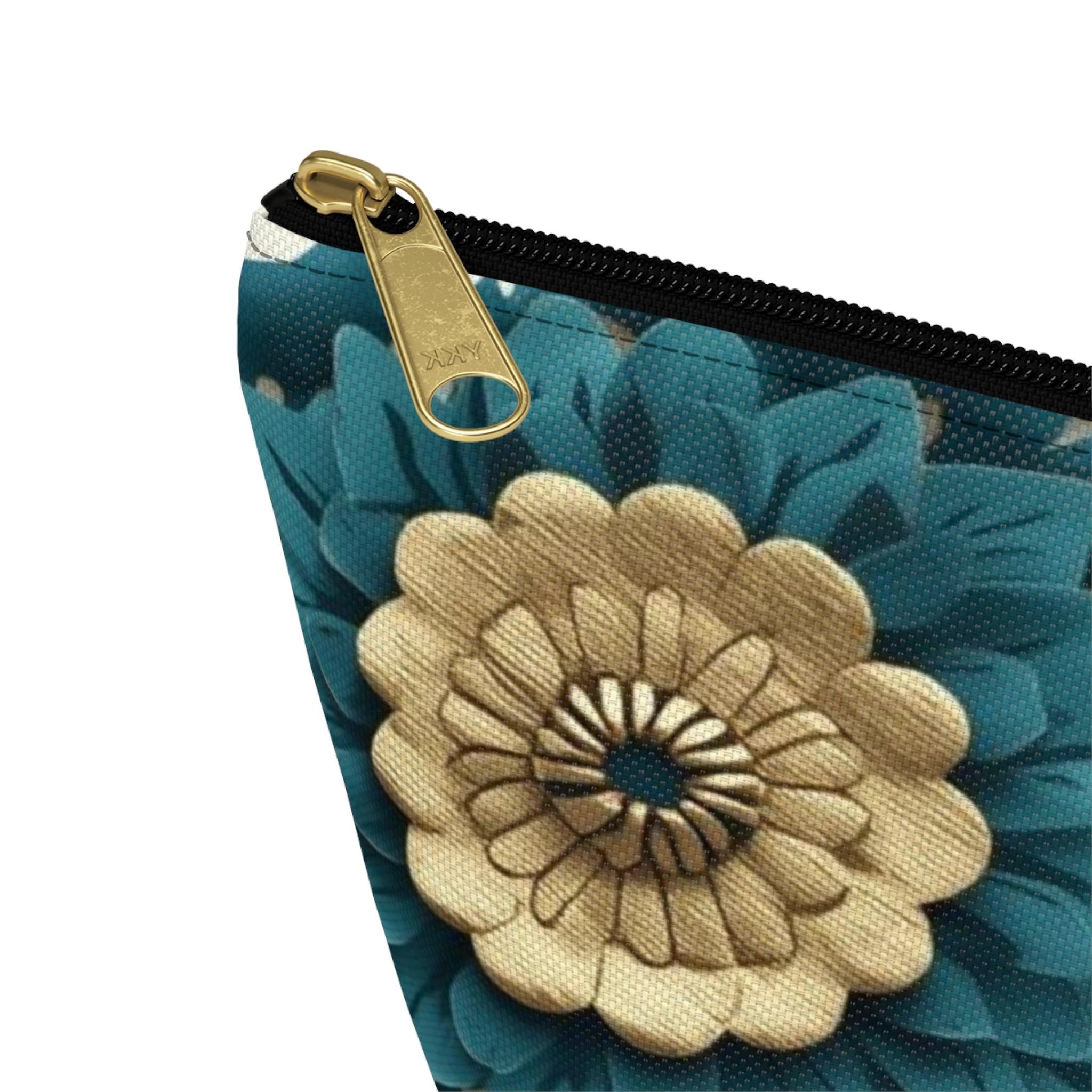 Teal Floral Damask Accessory Pouch - Botanical Art Nouveau Cosmetic Bag