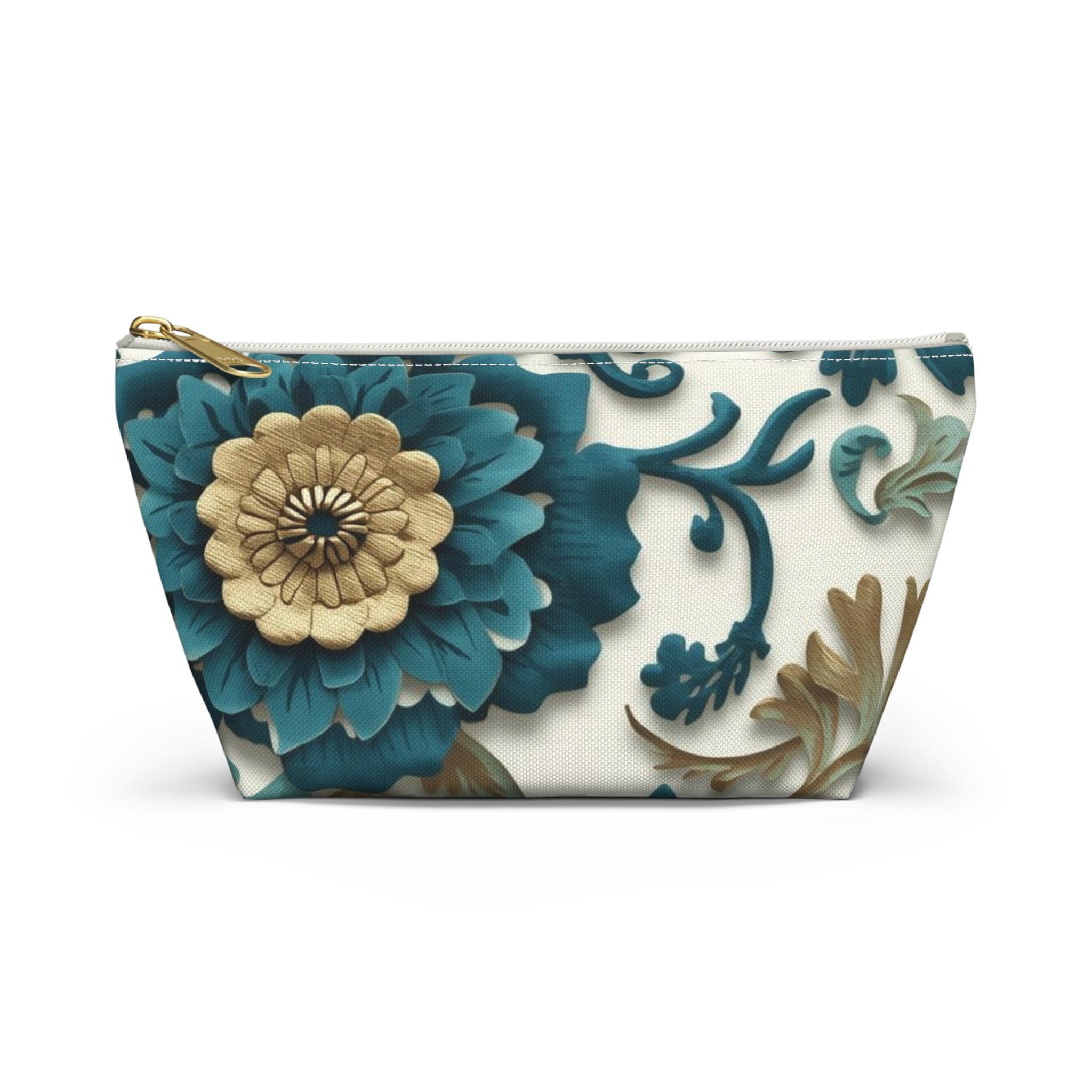 Teal Floral Damask Accessory Pouch - Botanical Art Nouveau Cosmetic Bag