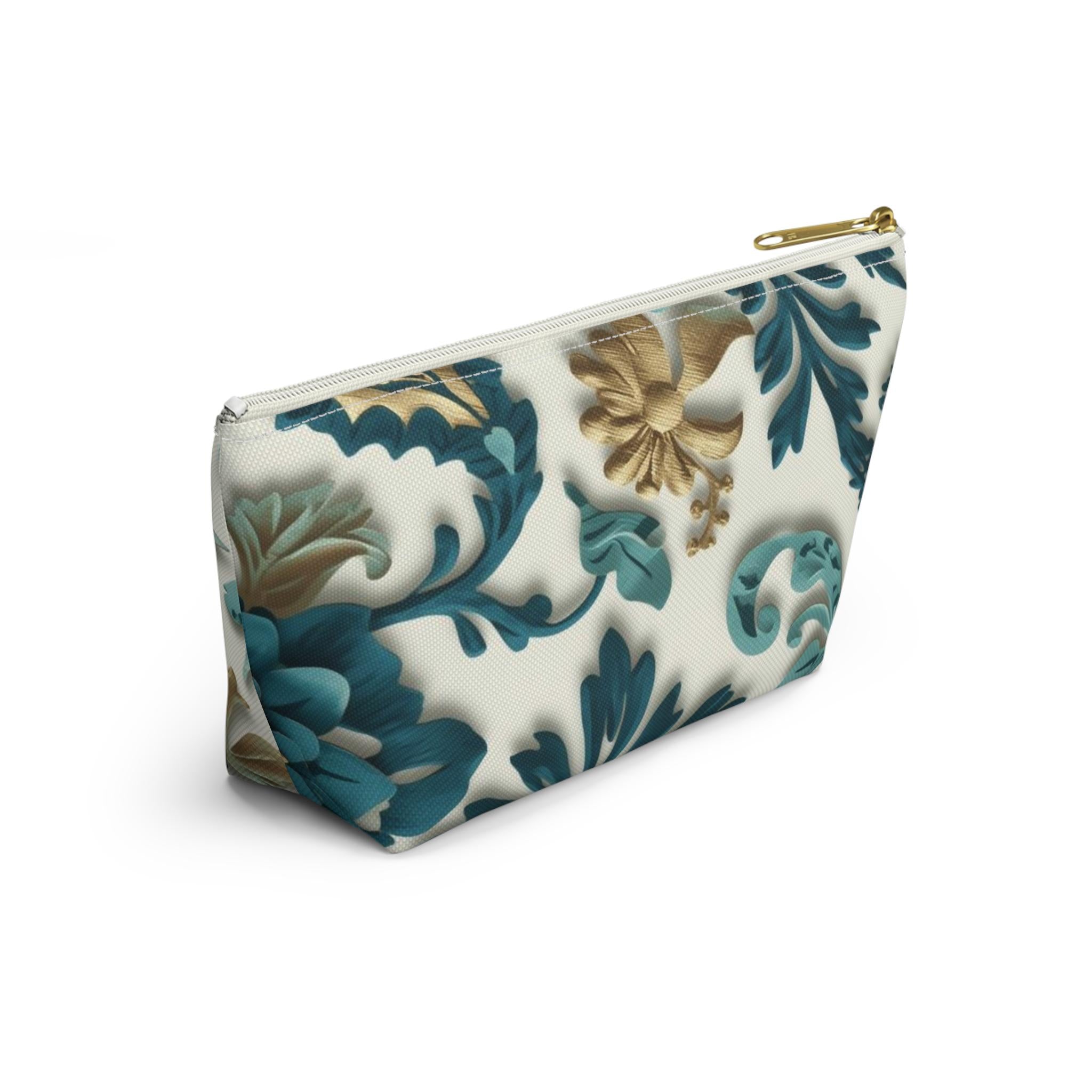 Teal Floral Damask Accessory Pouch - Botanical Art Nouveau Cosmetic Bag