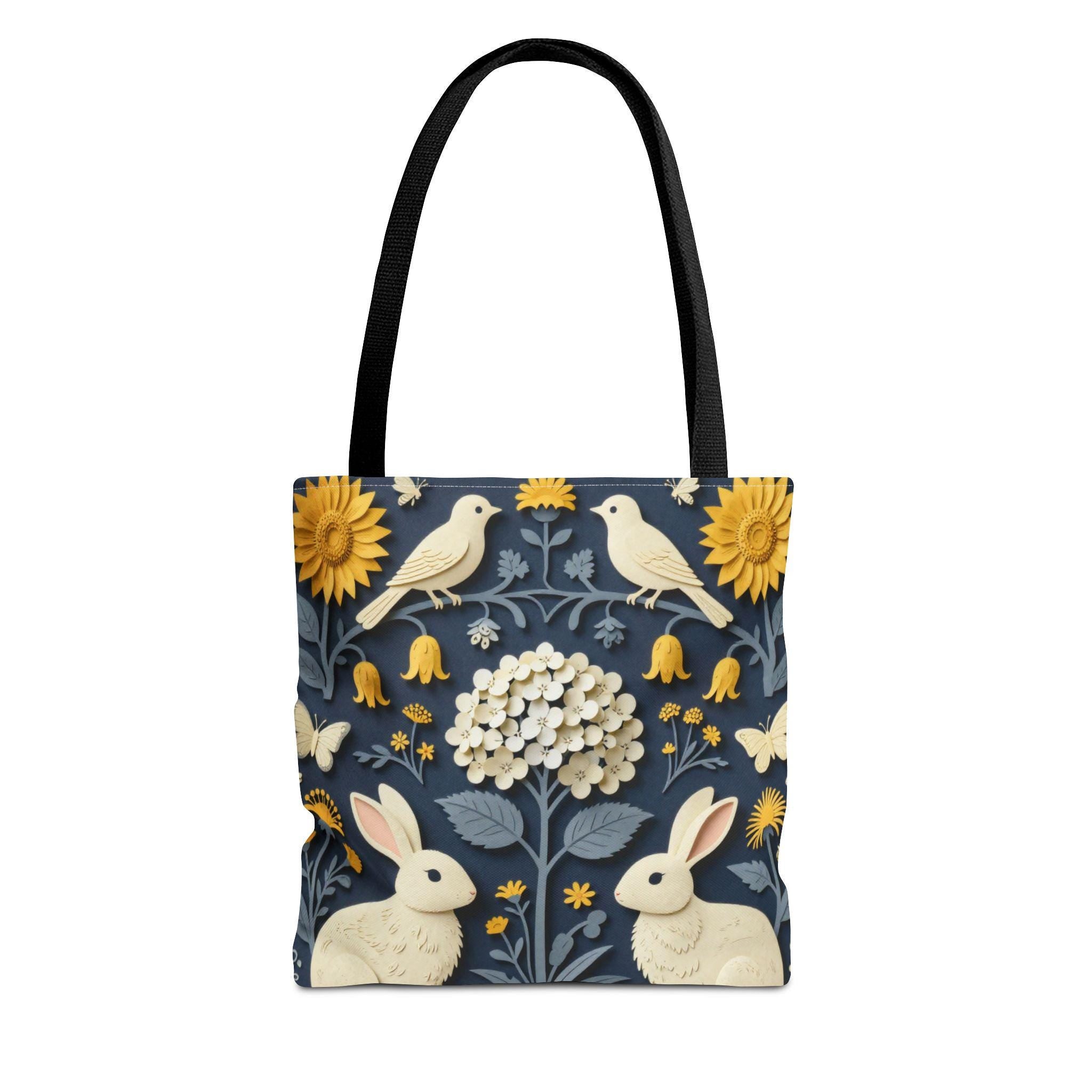 Cottagecore Floral Bunny Tote Bag | Navy Blue Sunflower Rabbit AOP Bag
