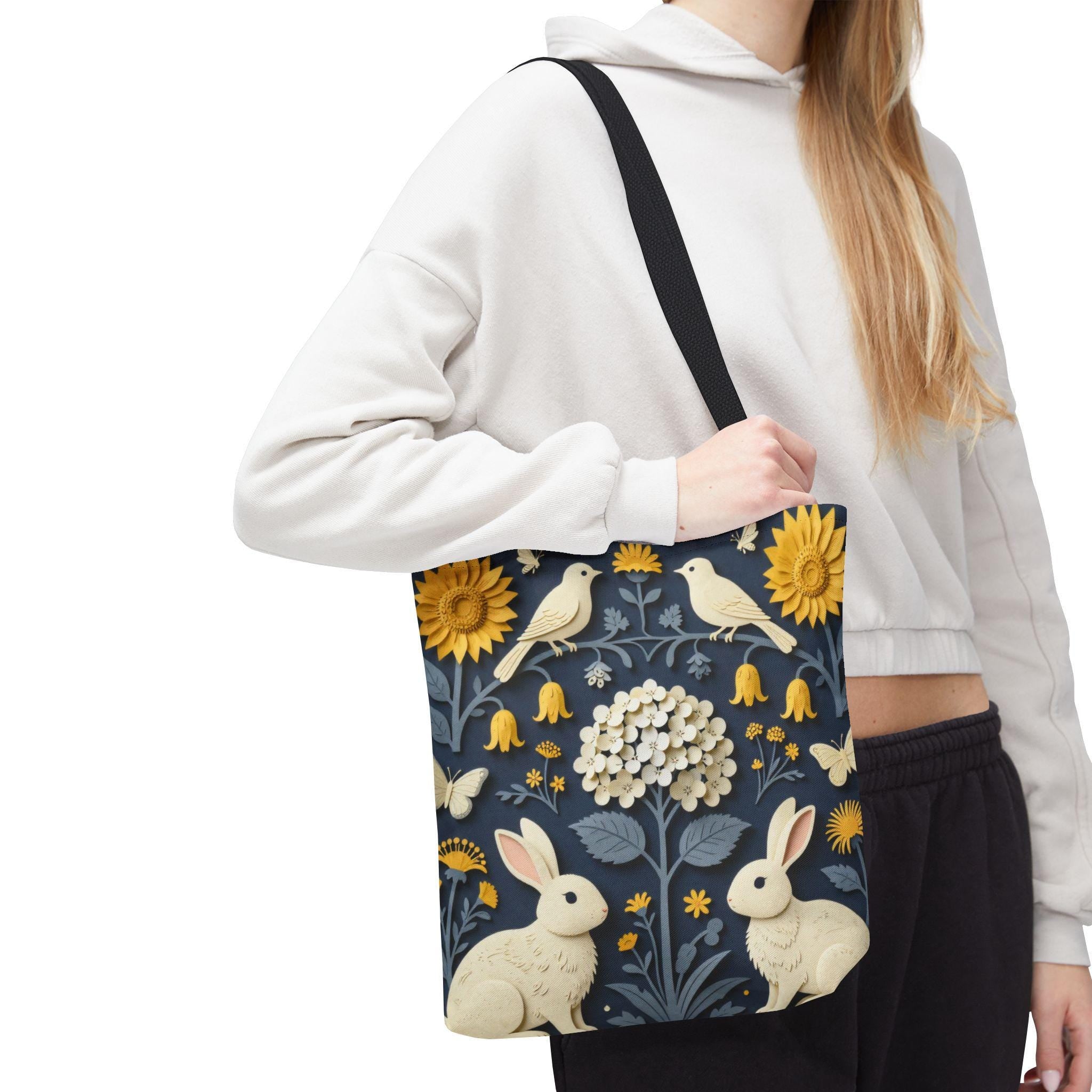Cottagecore Floral Bunny Tote Bag | Navy Blue Sunflower Rabbit AOP Bag