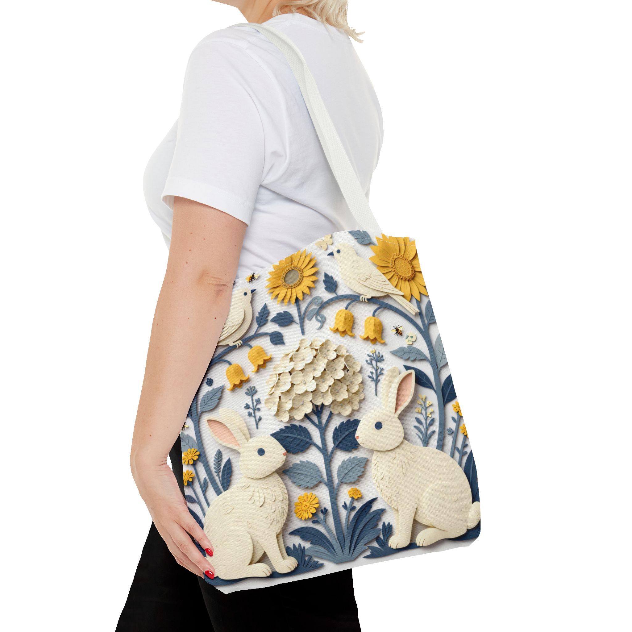 Cottagecore Bunny Floral Canvas Tote Bag, 18" x 18"
