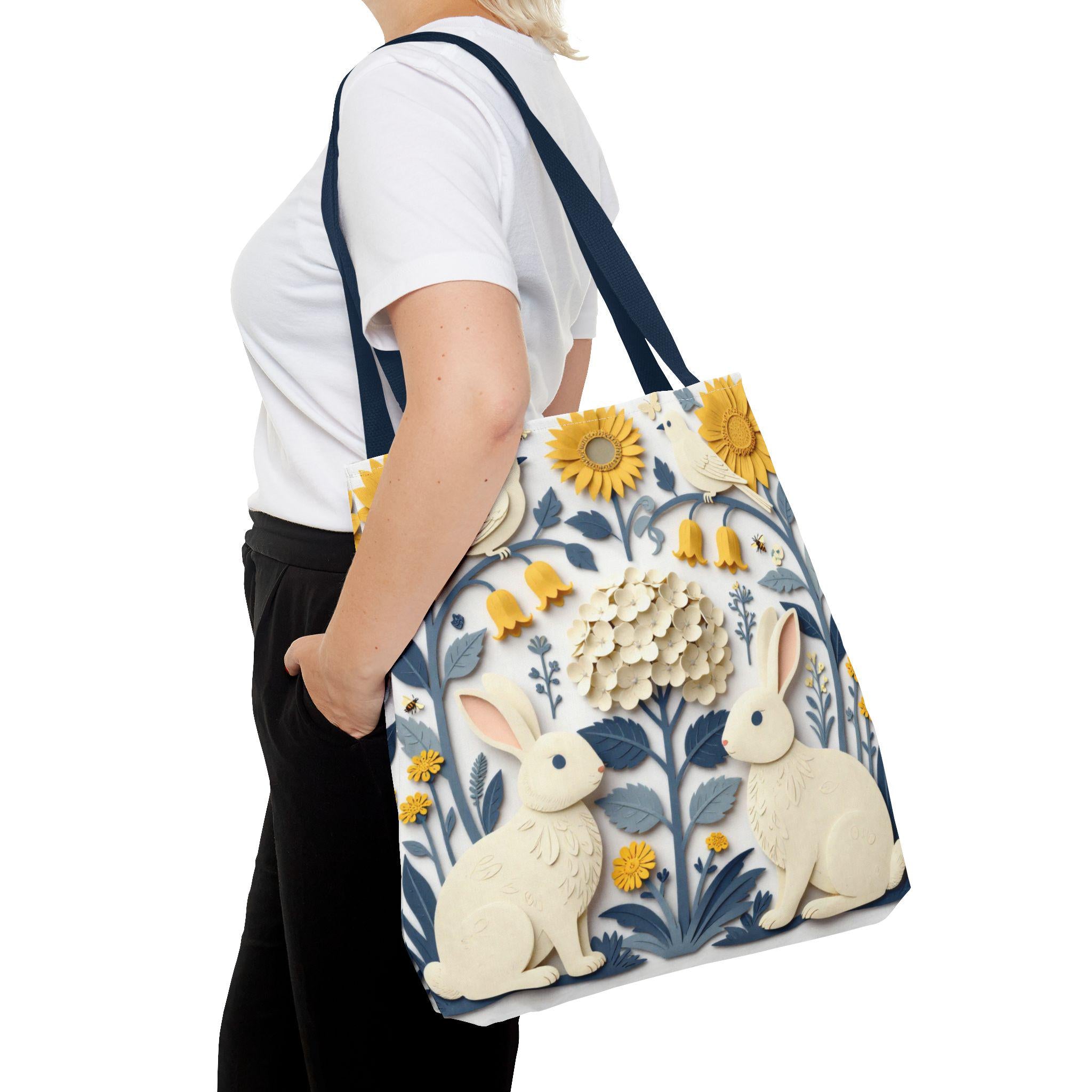 Cottagecore Bunny Floral Canvas Tote Bag, 18" x 18"