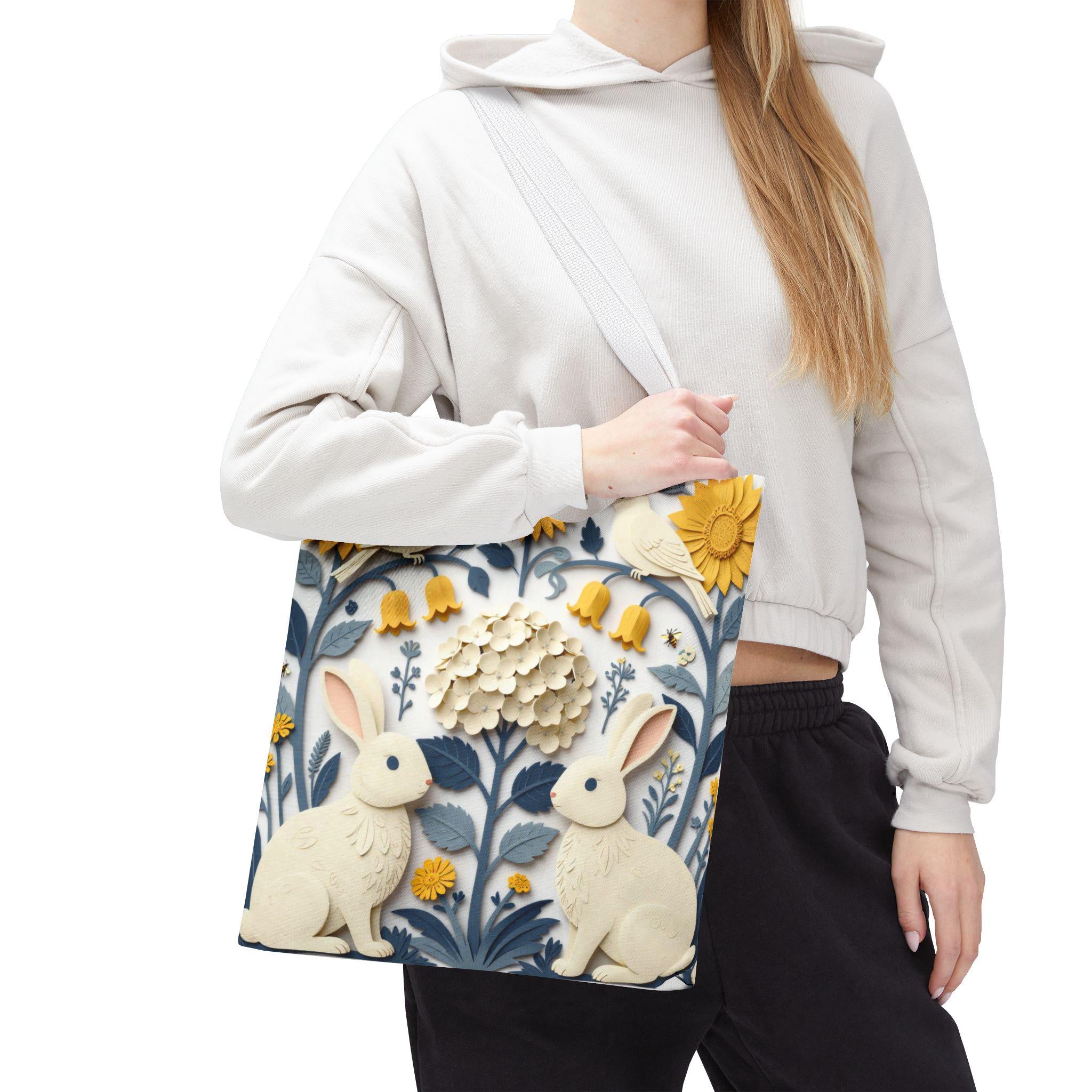 Cottagecore Bunny Floral Canvas Tote Bag, 18" x 18"
