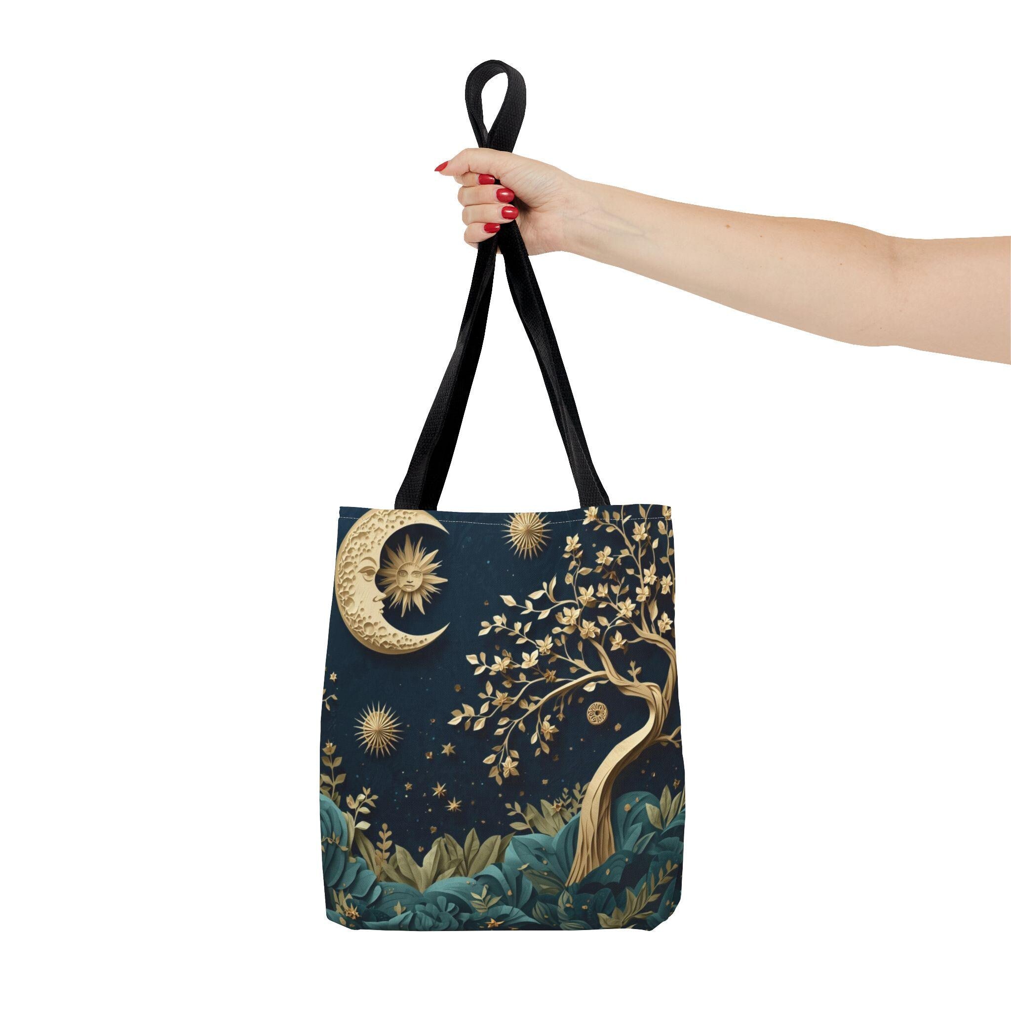 Celestial Moon Tree of Life Tote Bag | Mystical Night Sky Boho Witchy Bag | Gold Moon Stars Canvas Tote