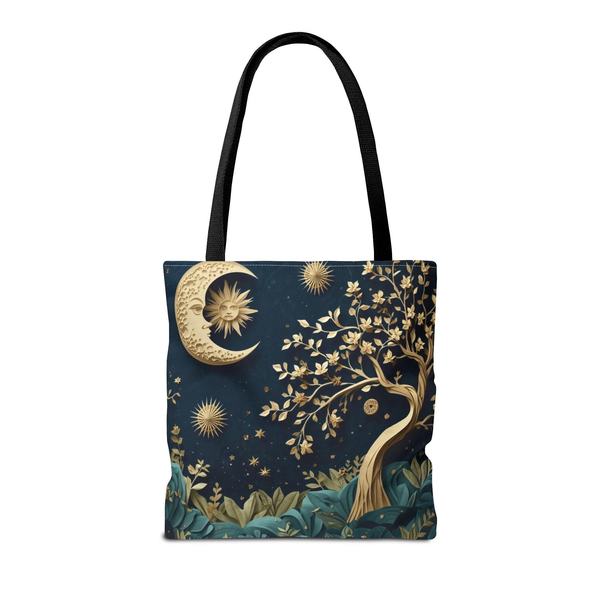 Celestial Moon Tree of Life Tote Bag | Mystical Night Sky Boho Witchy Bag | Gold Moon Stars Canvas Tote