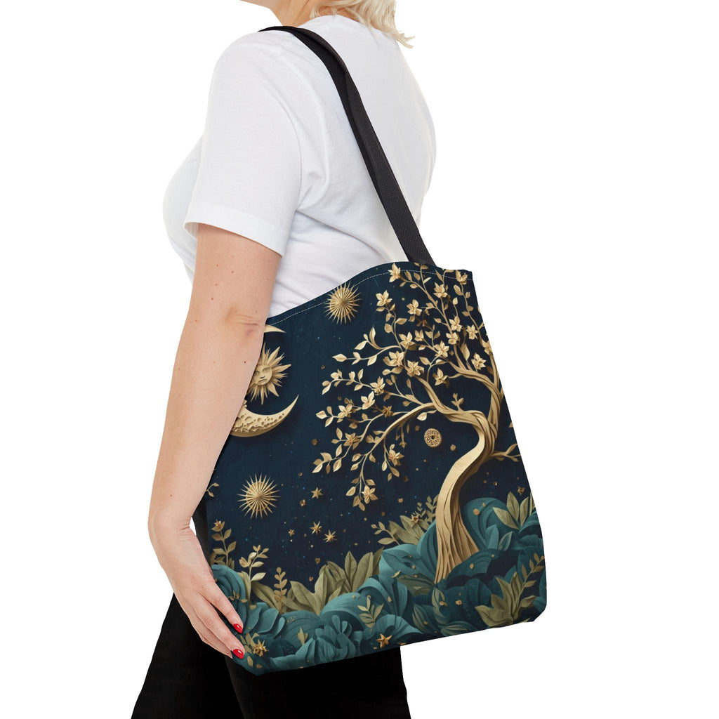 Celestial Moon Tree of Life Tote Bag | Mystical Night Sky Boho Witchy Bag | Gold Moon Stars Canvas Tote