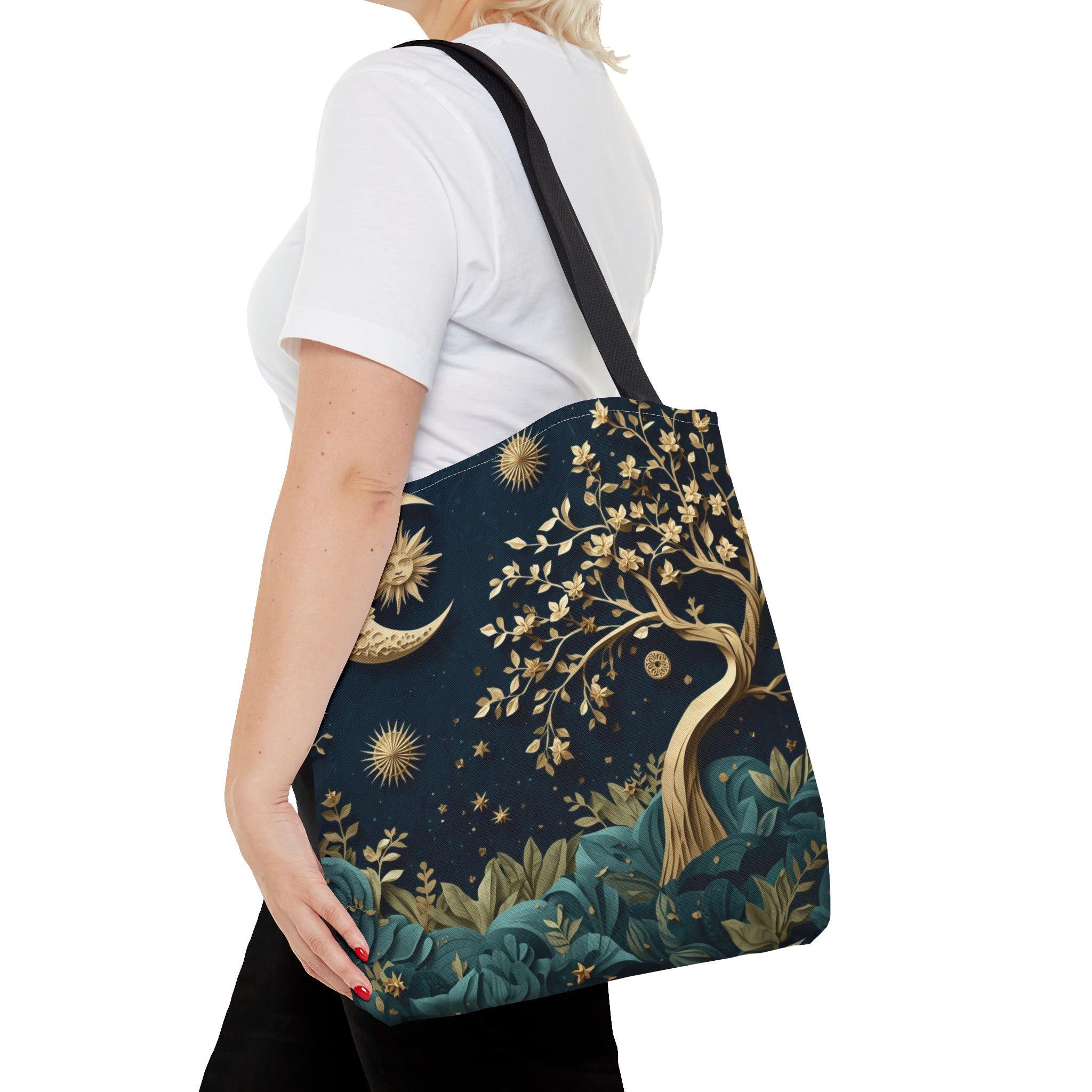 Celestial Moon Tree of Life Tote Bag | Mystical Night Sky Boho Witchy Bag | Gold Moon Stars Canvas Tote