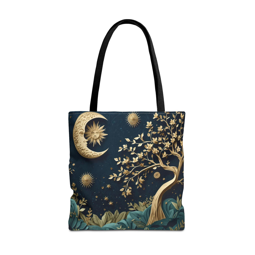 Celestial Moon Tree of Life Tote Bag | Mystical Night Sky Boho Witchy Bag | Gold Moon Stars Canvas Tote