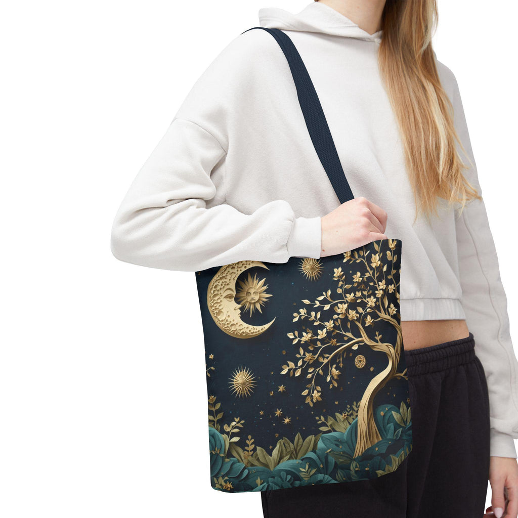 Celestial Moon Tree of Life Tote Bag | Mystical Night Sky Boho Witchy Bag | Gold Moon Stars Canvas Tote
