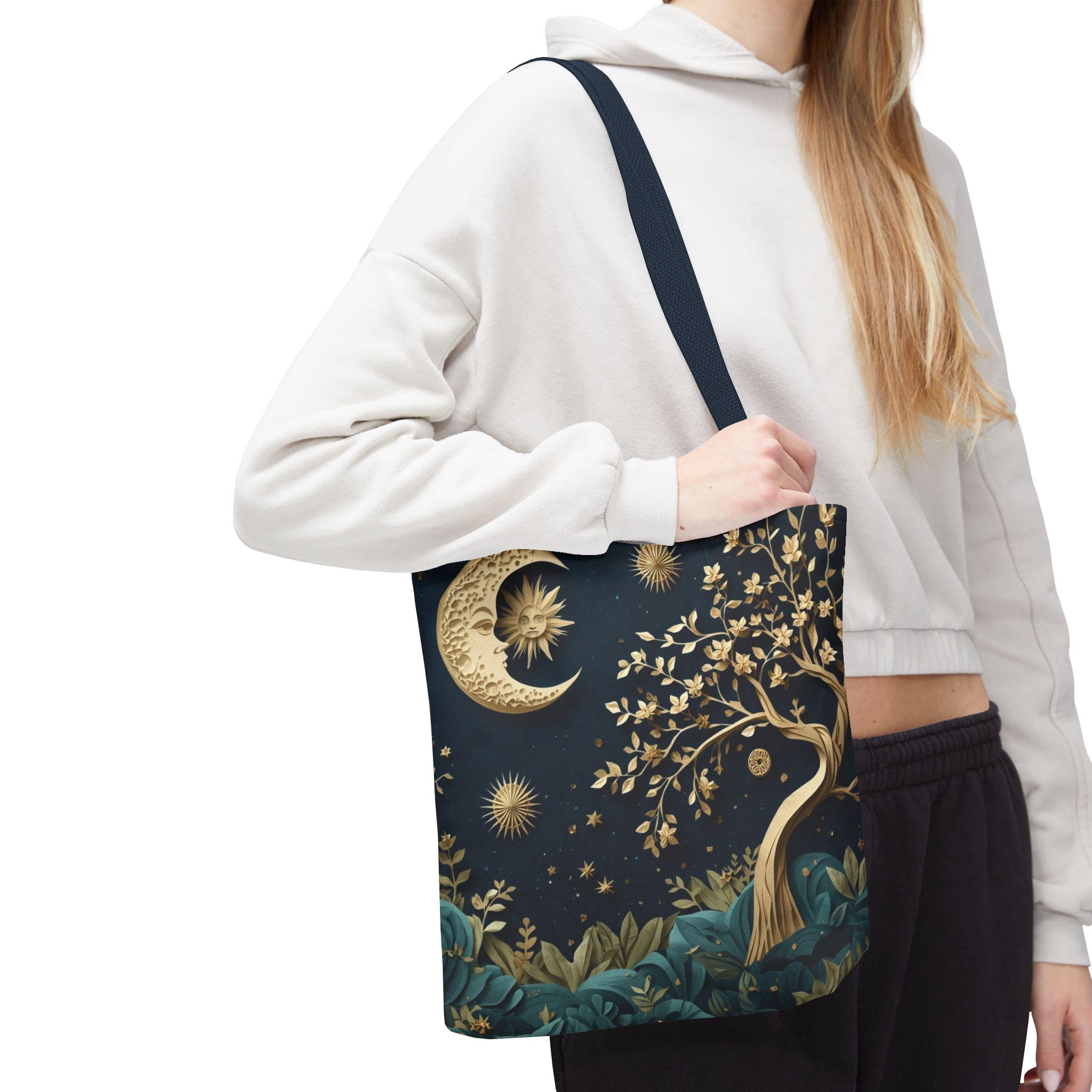 Celestial Moon Tree of Life Tote Bag | Mystical Night Sky Boho Witchy Bag | Gold Moon Stars Canvas Tote
