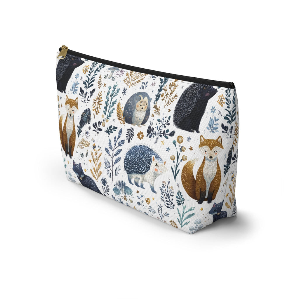 Pouch with fox and hedgehog design on a white background