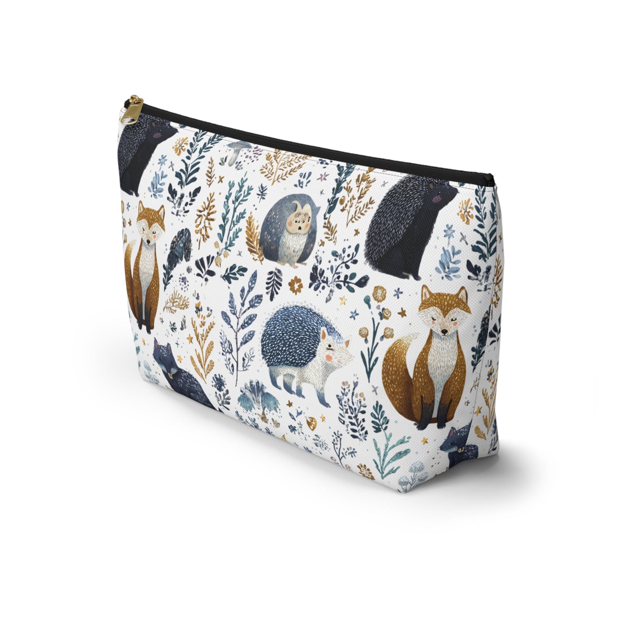 Pouch with fox and hedgehog design on a white background