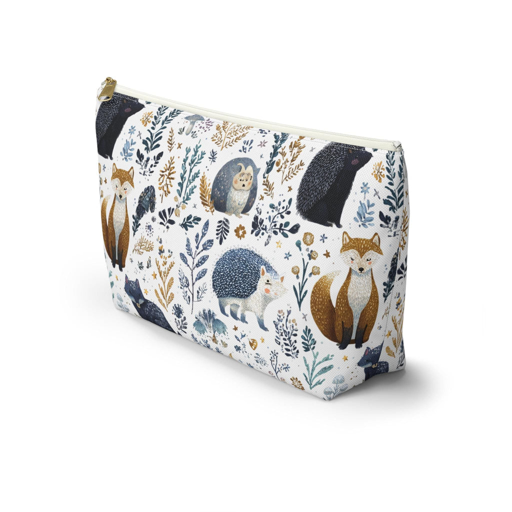 Cosmetic bag with forest animal pattern on a white background