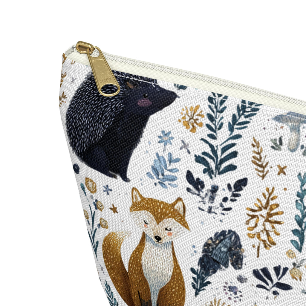 Pouch with fox design and floral patterns on a white background
