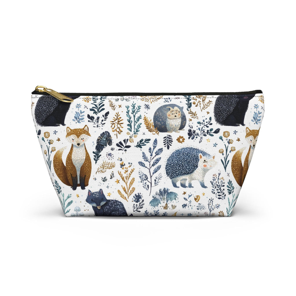 Cosmetic bag with animal and floral pattern on a white background