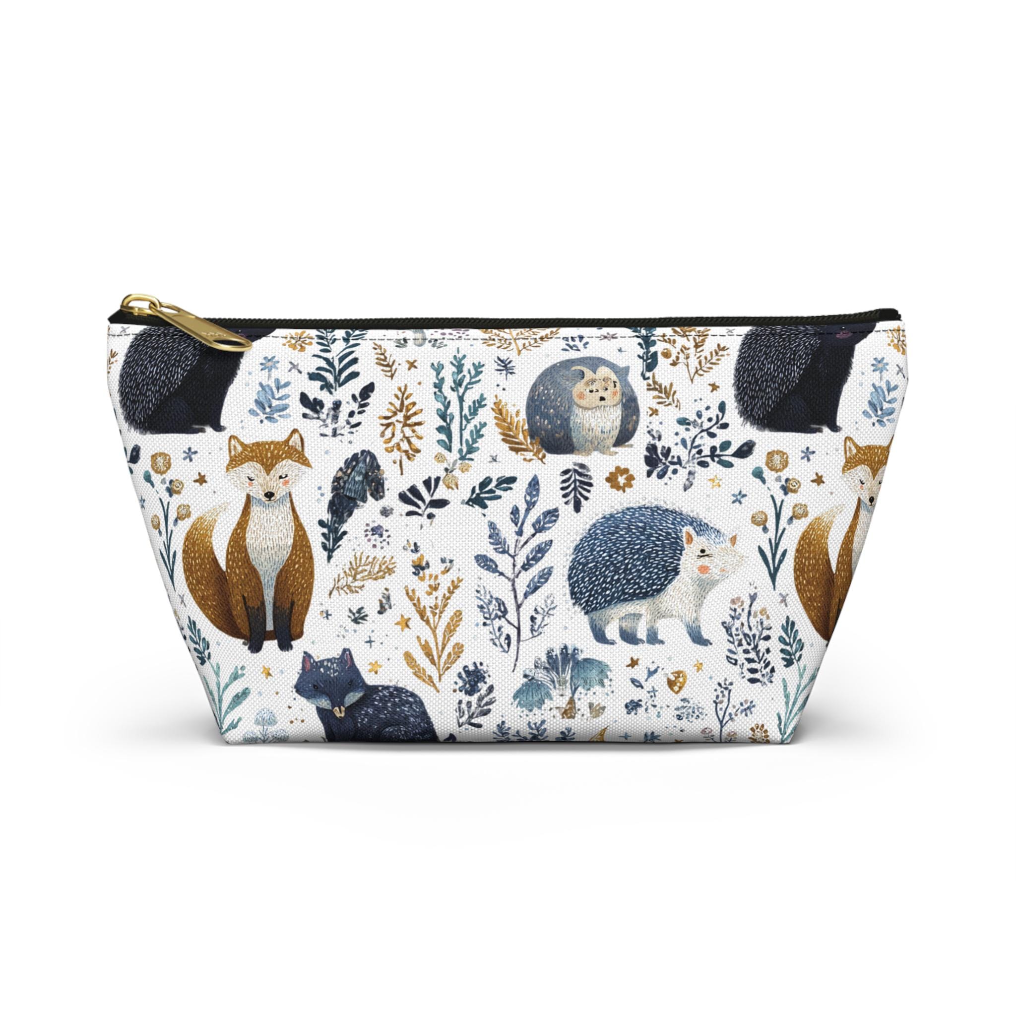 Cosmetic bag with animal and floral pattern on a white background