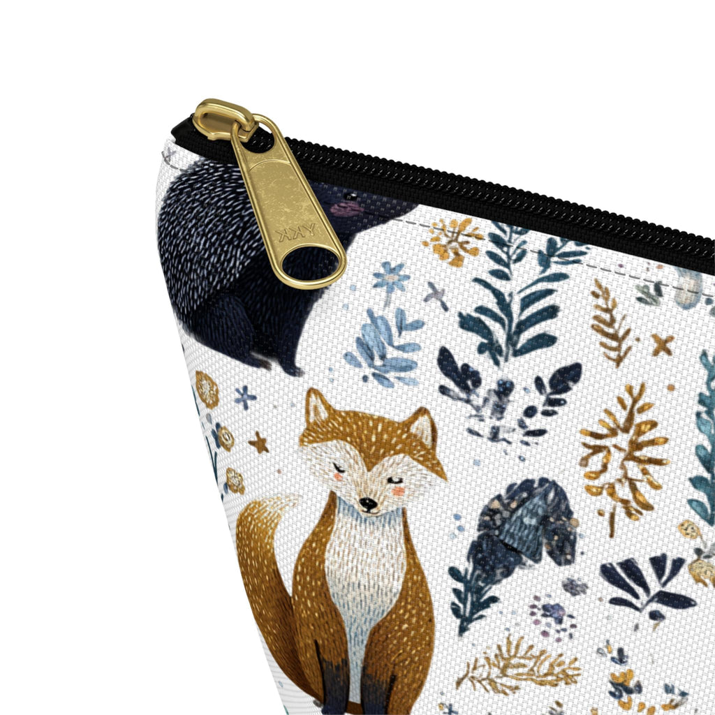 Pouch with fox design and floral patterns on a white background