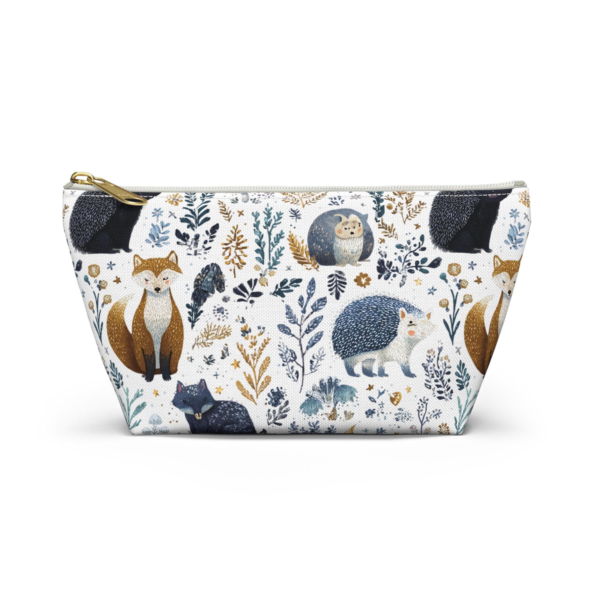 Cosmetic bag with woodland animal pattern on a white background